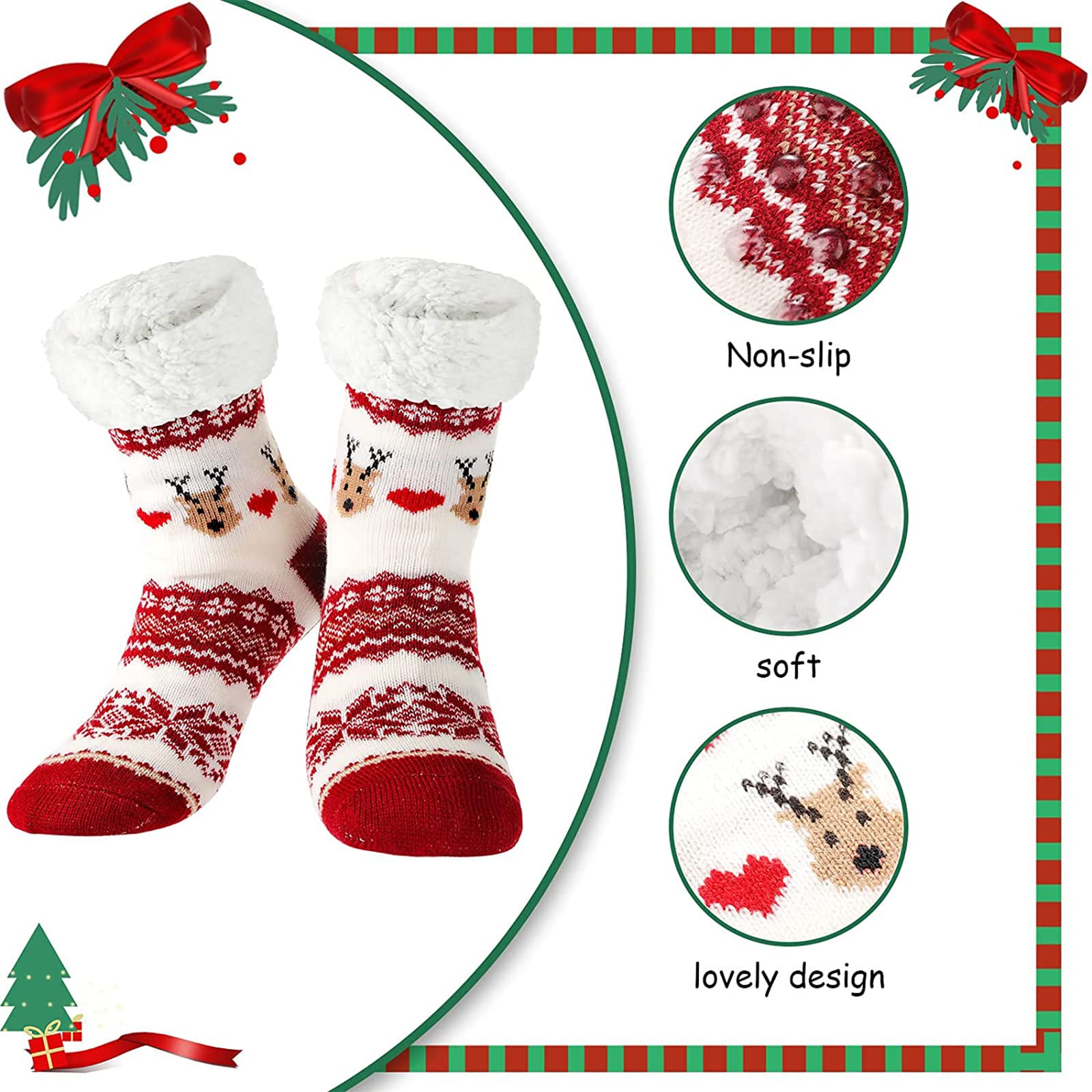 Sintege 3 Pairs Women Christmas Slipper Socks Winter Soft Warm Fuzzy Plush Cozy Fleece Lined Non Slip Christmas Socks Gifts(Cute Style) - Medaid International