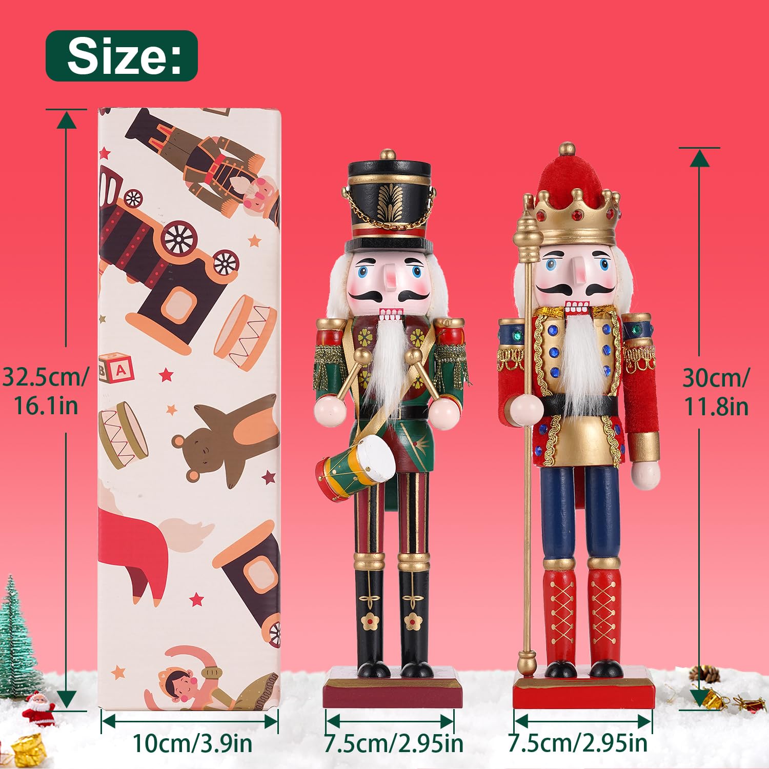 Tpudn 2 Pcs Wooden Christmas Nutcracker Soldier, 30CM Traditional Painted Figures, Festive Collectible for Home Fireplace Tree Party Decoration (Drummer & Spear) - Medaid International
