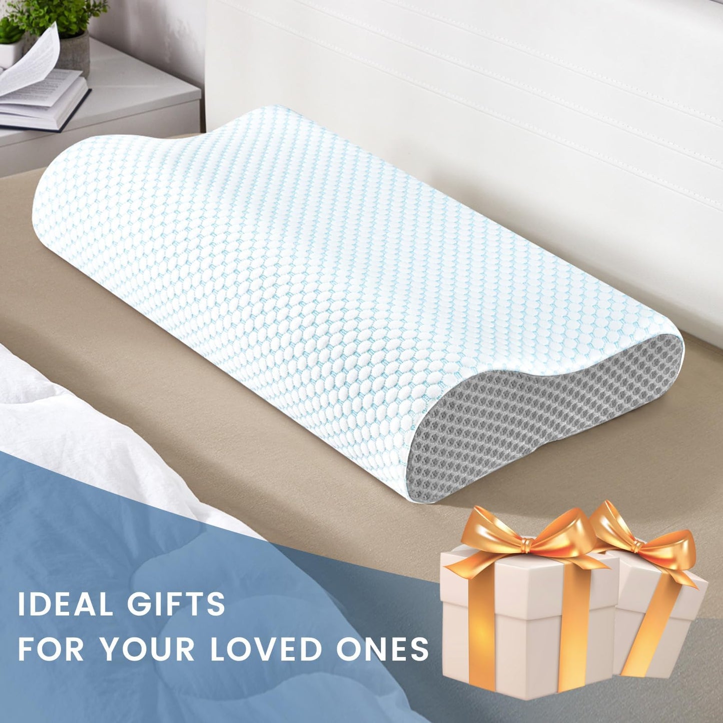 Memory Foam Pillows Neck Pillow Bed Pillow for Sleeping, Ergonomic Cervical Pillow for Neck and Shoulder Pain Relief,Orthopedic Contour Pillow for Side Back Stomach Sleeper(Blue&Grey) - Medaid International