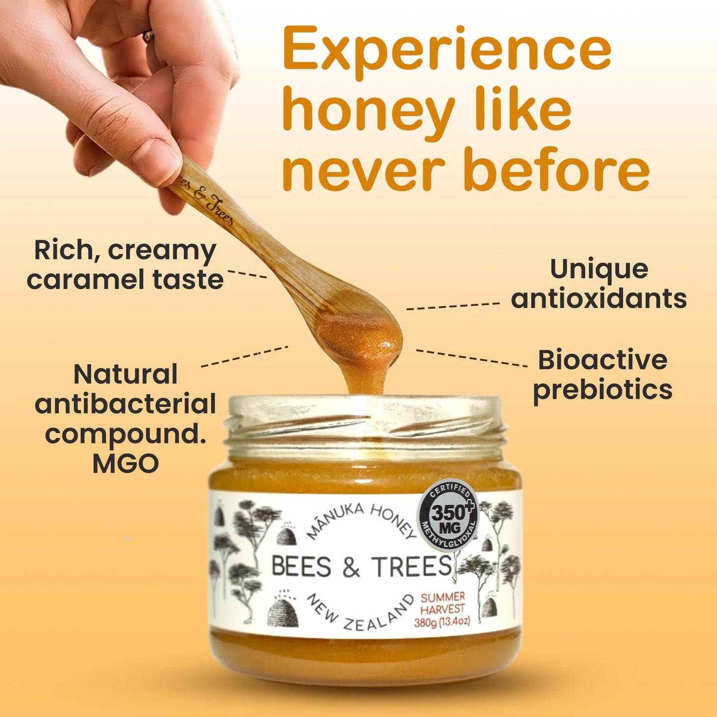Bees & Trees Manuka Honey 350+ MGO – New Zealand Pure Monofloral, Raw – Premium & Minimally Processed for Health, Strength & Vitality – Unpasteurized Superfood in Gift Set – 380g (13.4oz) Glass Jar - Medaid International