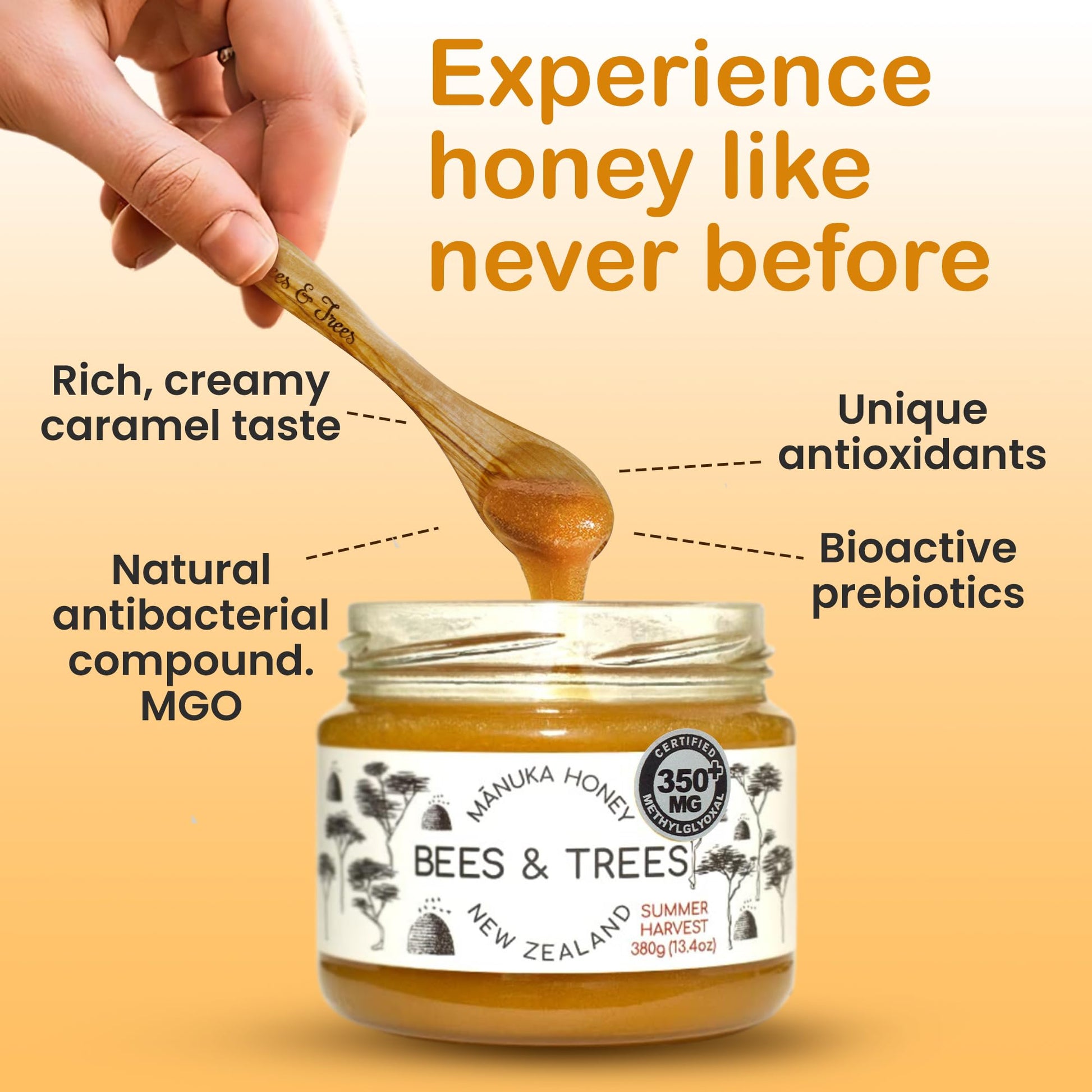 Bees & Trees Manuka Honey 350+ MGO – New Zealand Pure Monofloral, Raw – Premium & Minimally Processed for Health, Strength & Vitality – Unpasteurized Superfood in Gift Set – 380g (13.4oz) Glass Jar - Medaid International