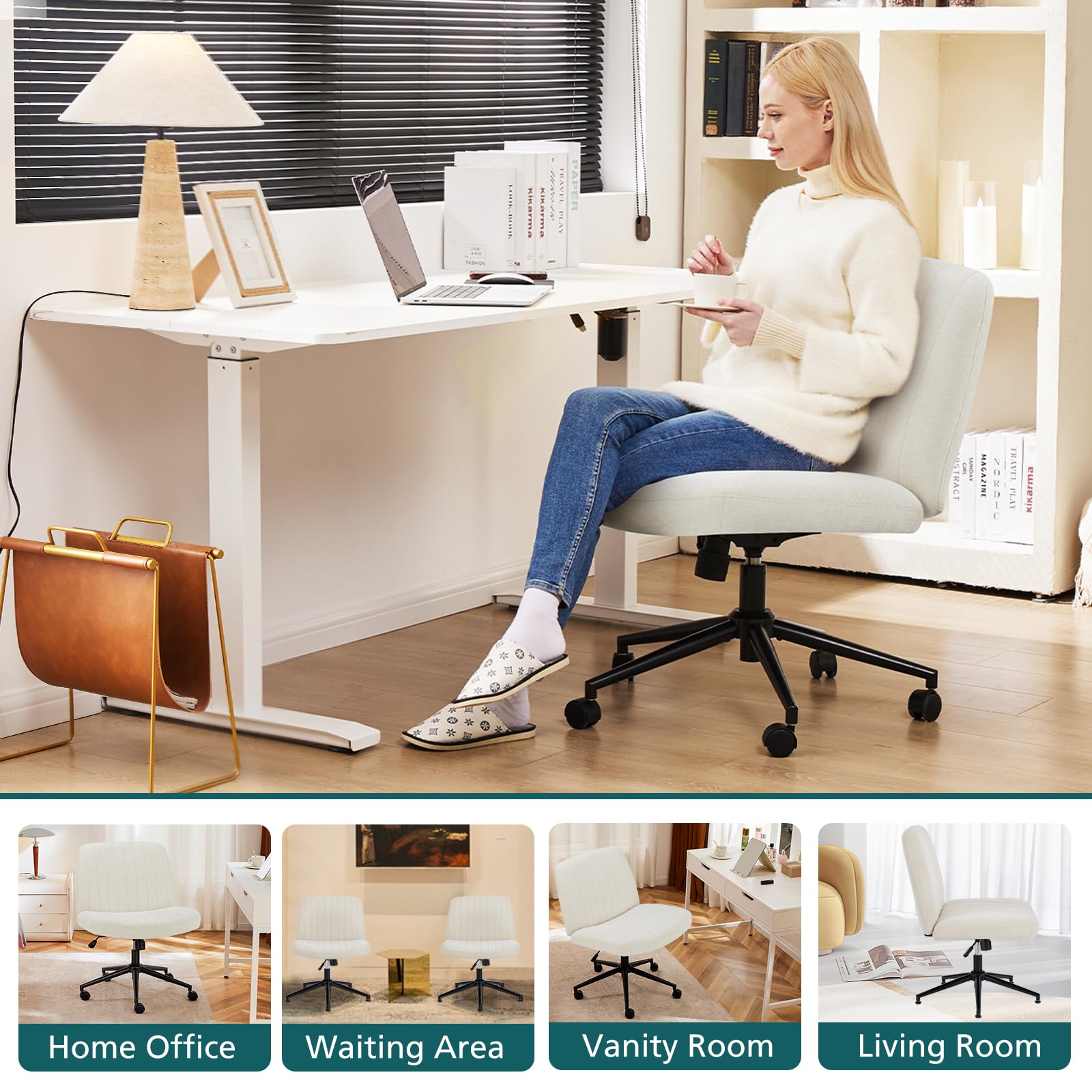 OLIXIS Criss Cross Chair with Wheels Wide Cross Legged Office Desk Vanity Chair Comfy Fabric Armless Adjustable Swivel for Home Computer Task Fabric Beige - Medaid International