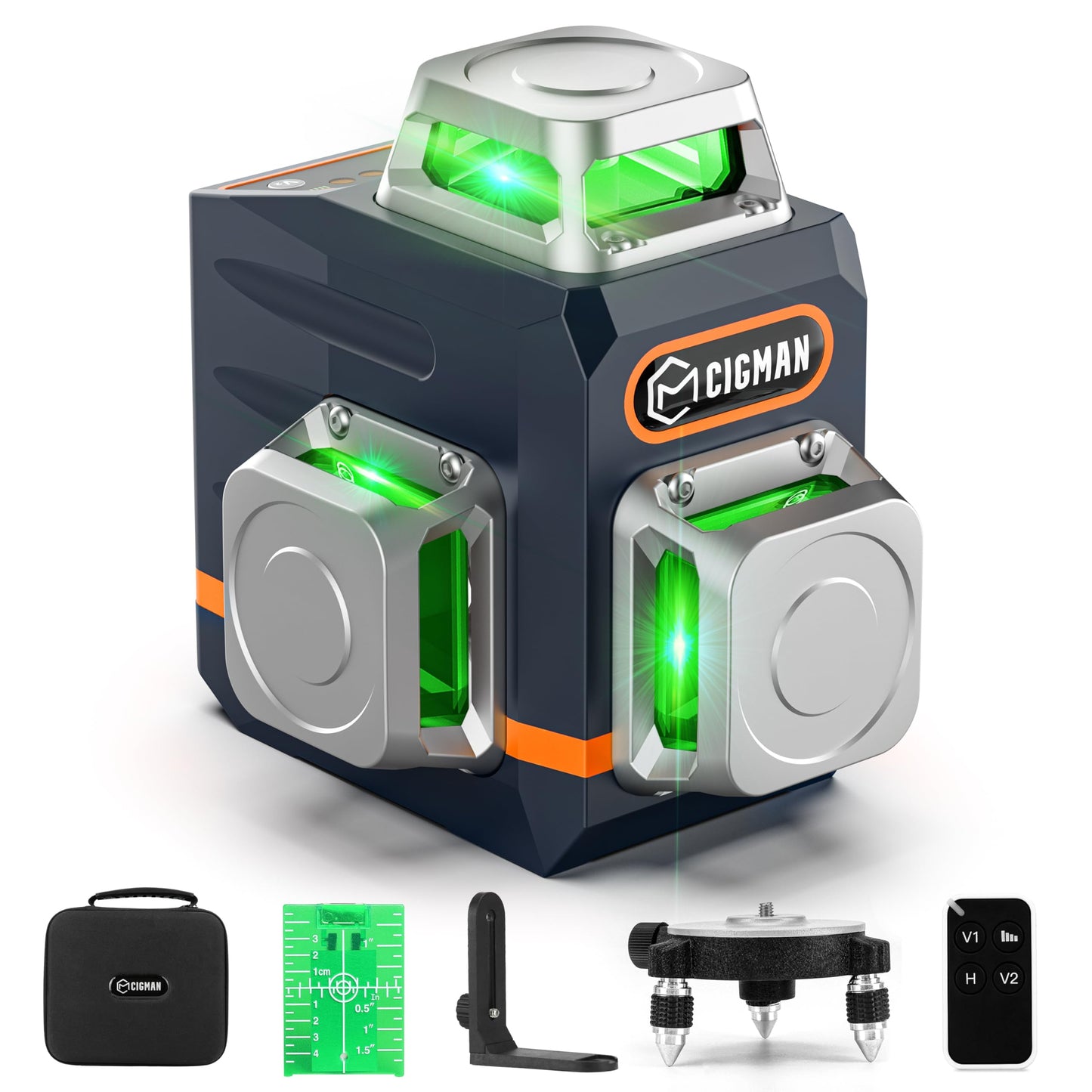 CIGMAN Laser Level Self Leveling 3x360° 3D Green Cross Line for Construction and Picture Hanging, Rechargeable battery, Remote Controller, Magnetic Rotating Stand Included - Medaid International