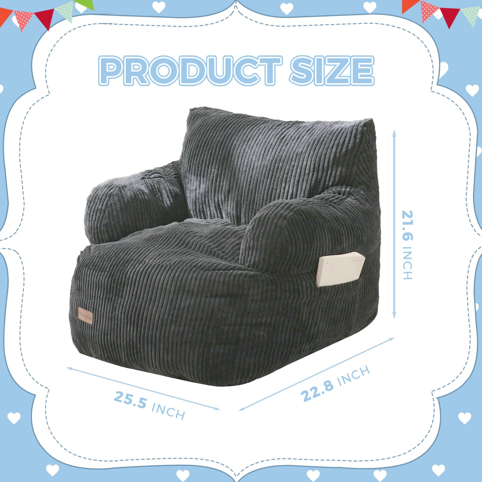 MAXYOYO Kids Bean Bag Chair, Stuffed Toddler Bean Bag Sofa with Filler Bean Bag Chair for Boys and Girls, Lazy Sofa with Pocket Floor Chair for Gaming, Reading, Dark Grey - Medaid International