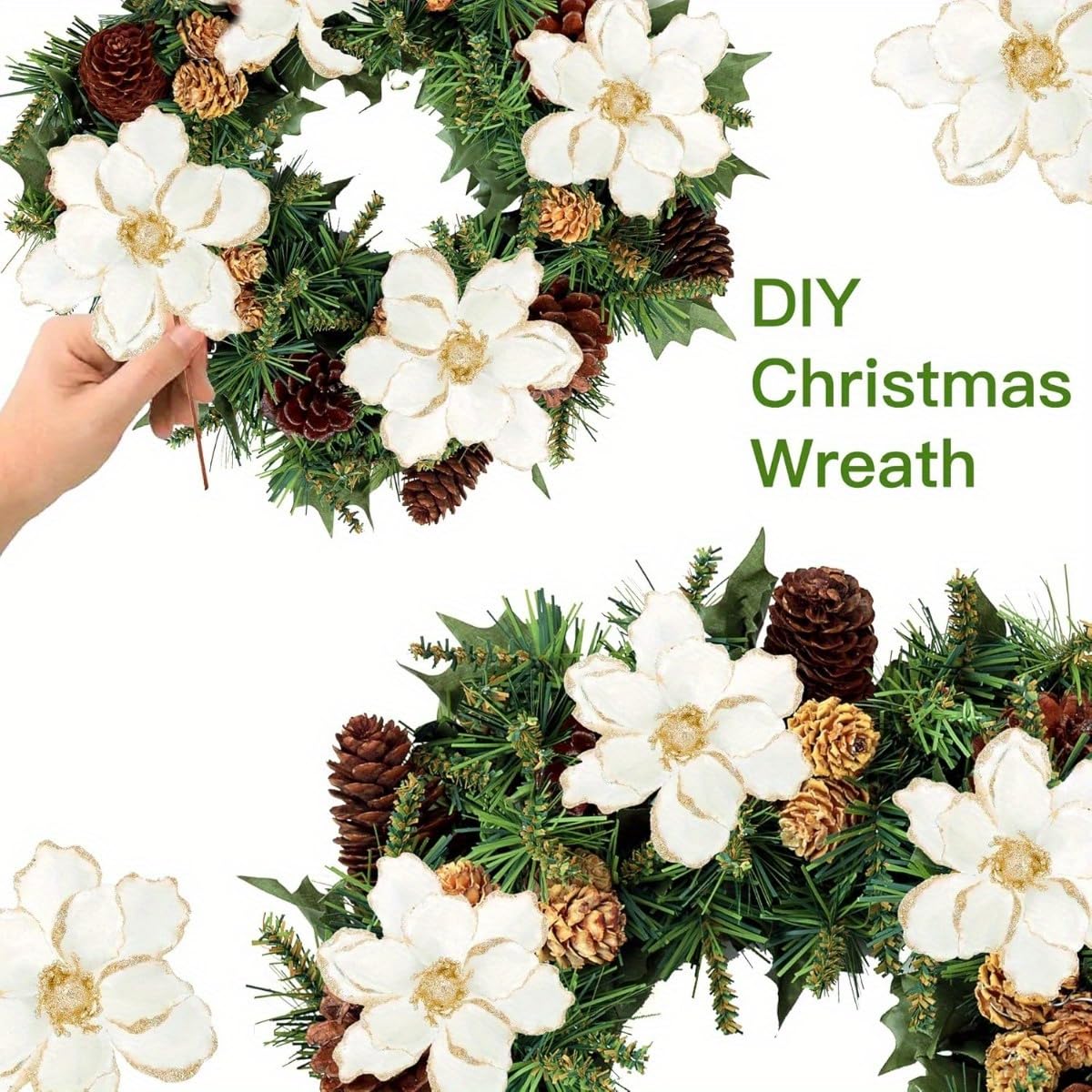 1Pc Glitter White Golden Artificial Flowers, Ideal for Christmas Tree, Wreath and DIY Ornaments for Xmas, New Year, Wedding Party & Holiday Decor - Medaid International