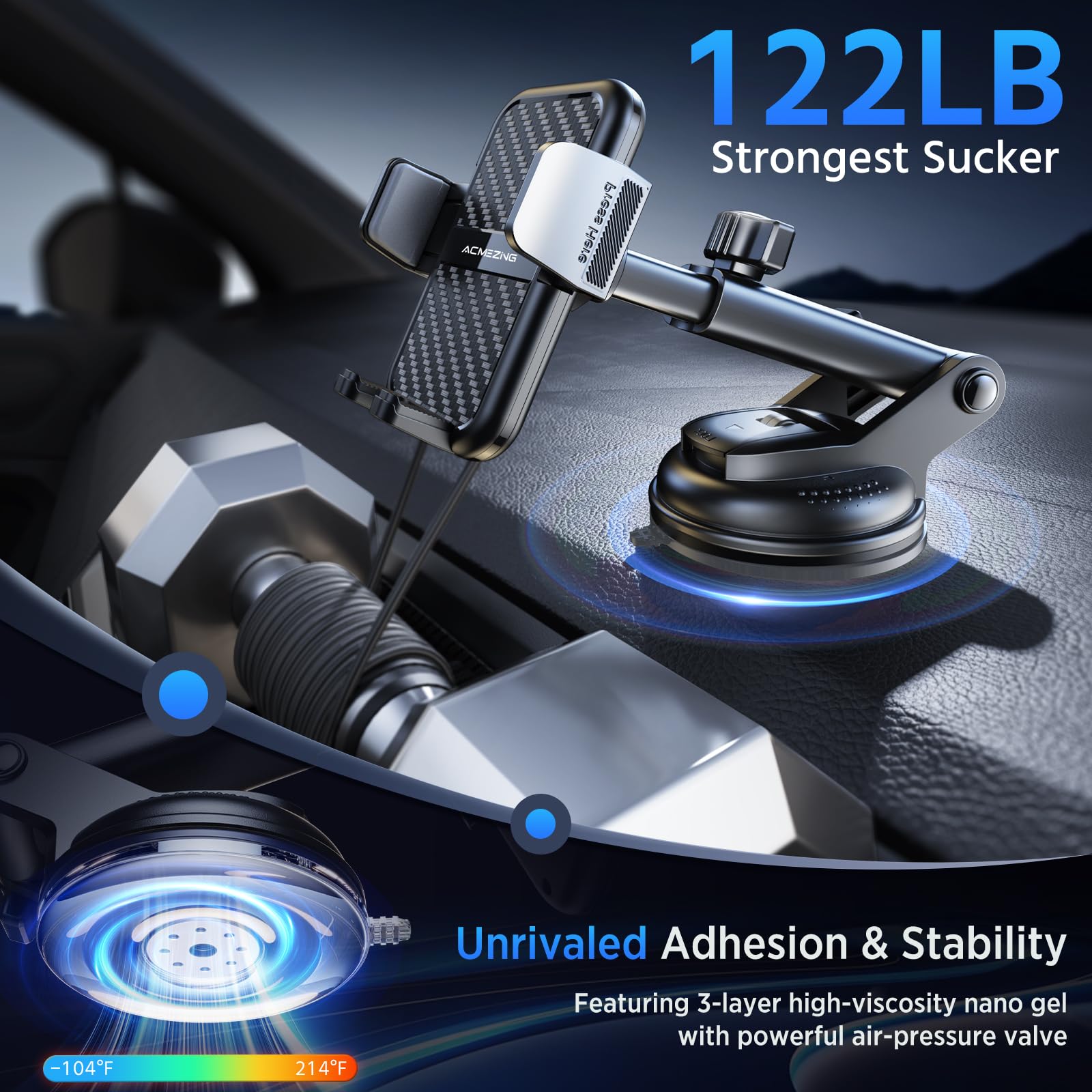 ACMEZING 3-in-1 Car Phone Holder [122+LBS Strongest Suction & Stable Clamp Arm] 360° Adjustable Mount, Cell Phone Holders for Your All Car Models for Dashboard Vent, All Smartphones, Black - Medaid International