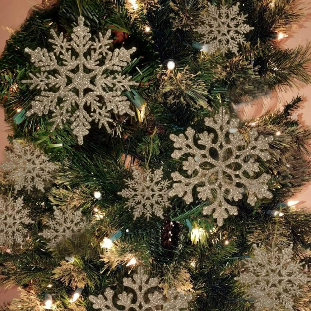 18Pcs Christmas Champagne Golden Snowflake Hanging Ornaments Plastic Glitter Snow Flakes Ornaments for Winter Christmas Tree Decorations Size Varies Craft Snowflakes - Medaid International