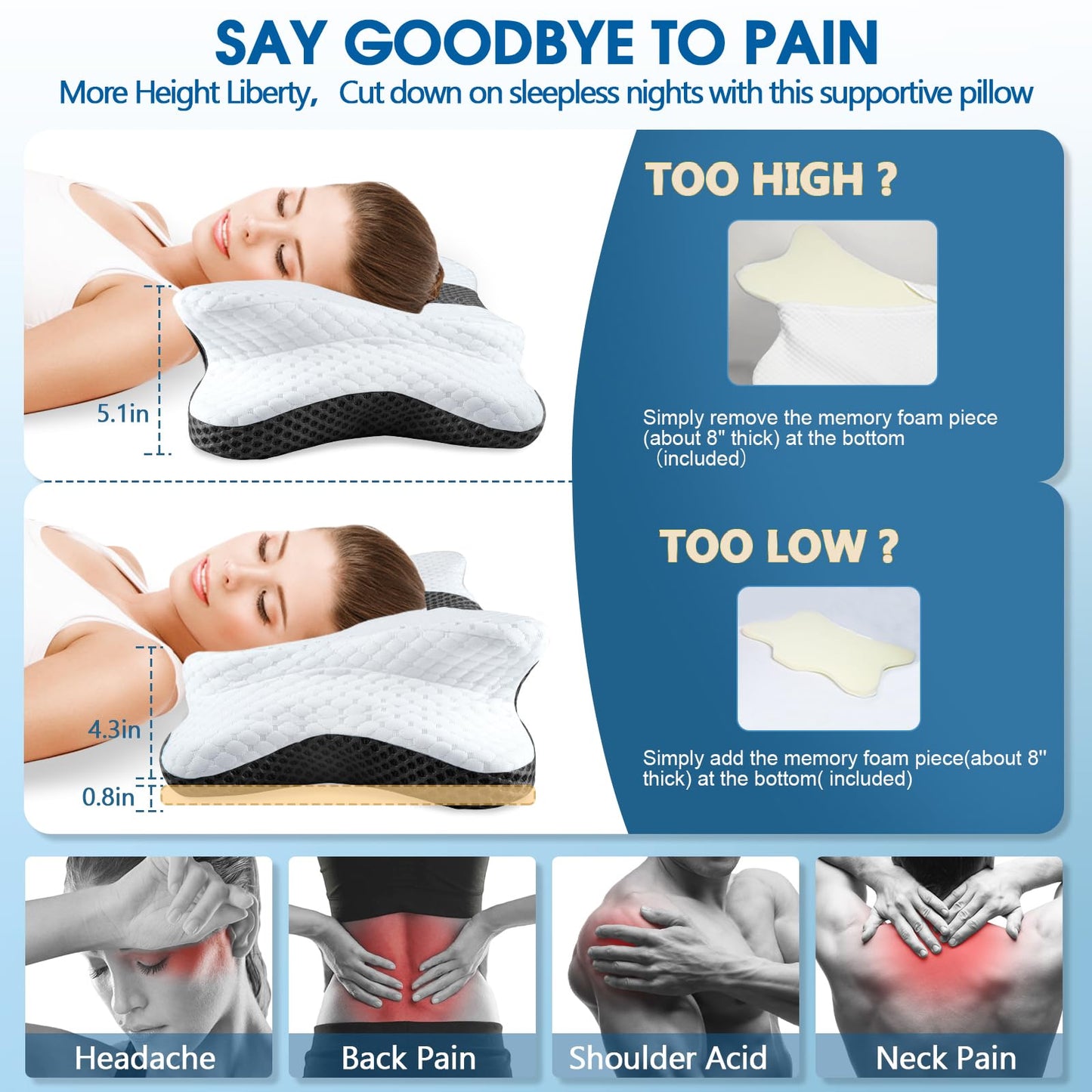 CHxxy Memory Foam Pillows, Cervical Pillow for Neck and Shoulder Pain Relief, Ergonomic Contour Bed Pillow, Soft for Side Sleep Stomach Sleeping and Back Sleeper - Medaid International