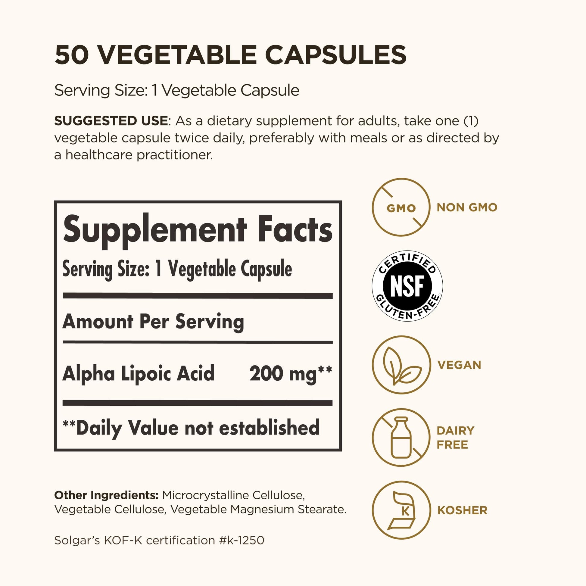 Solgar Alpha Lipoic Acid 200 mg, 50 Vegetable Capsules - Antioxidant Support - Helps to Recycle Glutathione, Vitamin C & E, CoQ-10 - Non-GMO, Vegan, Gluten Free, Dairy Free, Kosher - 50 Servings - Medaid International
