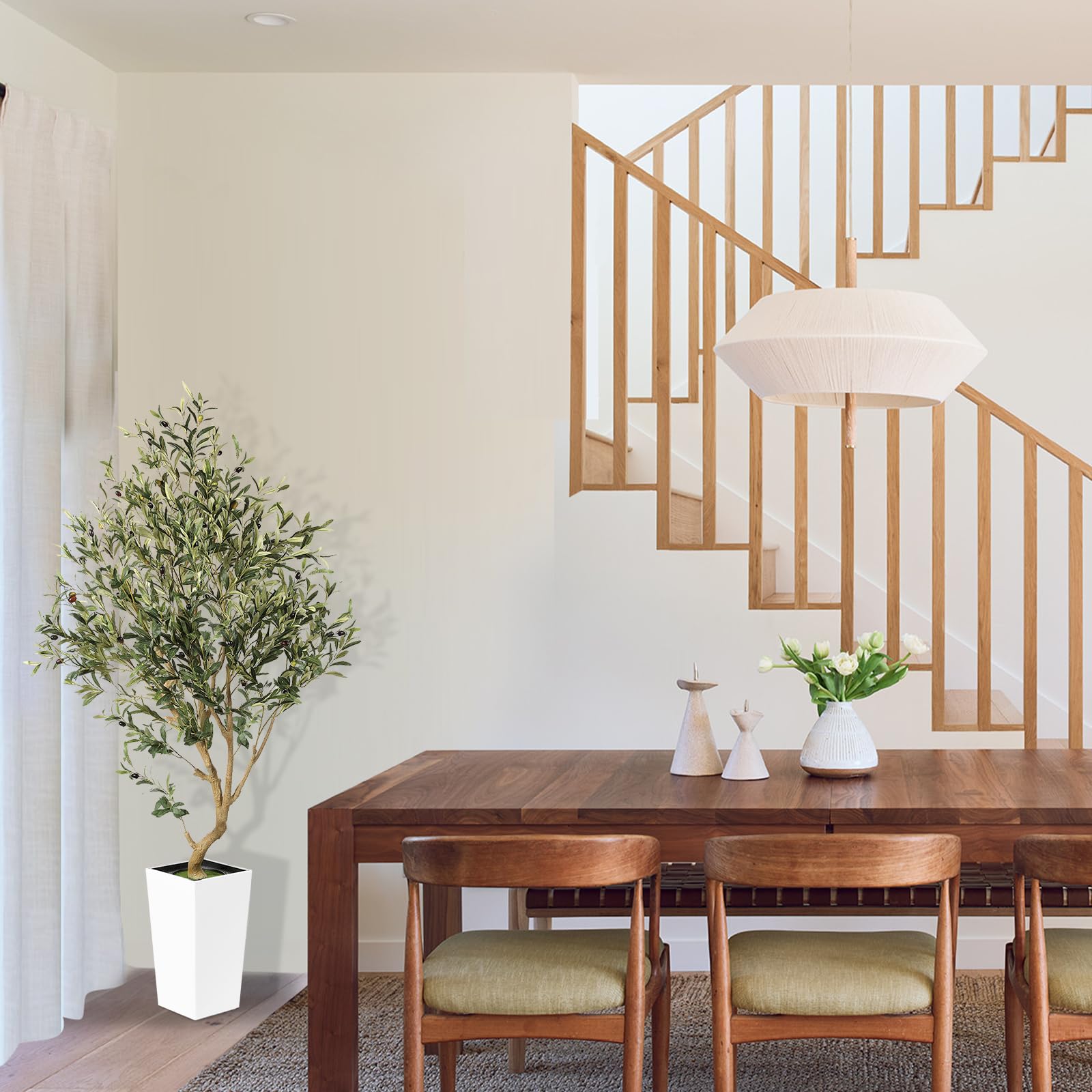 PHYTREE 5.5FT Olive Tree Artificial Indoor - Faux Olive Tree with White Tall Planter, Large Fake Potted Olive Plants with Natural Wood Trunk, Artificial Trees for Home Office Decor Indoor - Medaid International