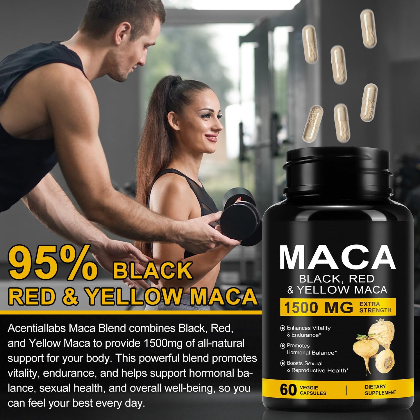 Daiasns Organic Maca Root Powder Capsules 1500 mg with Black + Red + Yellow Peruvian Maca Root Extract Supplement for Men and Women - 60 Vegan Capsules - Medaid International