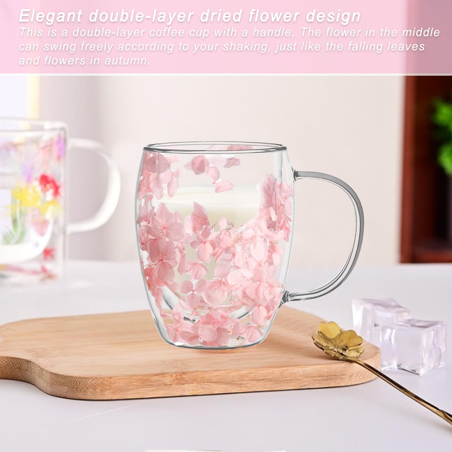 Gifts for Women Dried Flowers Double Wall Glass Coffee Mugs Cute Glass Tea Cups with Handles Autumn Mug Christmas Birthday Gifts for Best Friend Teacher Mum Gift New Home Gift Ideas Home Decor - Medaid International