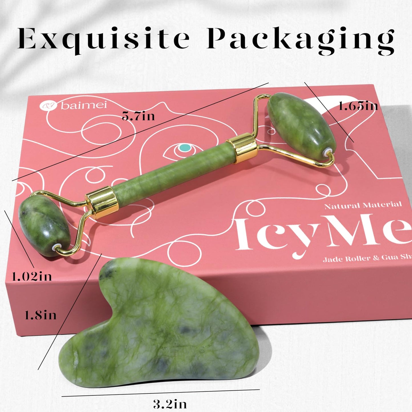 BAIMEI IcyMe Gua Sha & Jade Roller Facial Tools Face Roller and Gua Sha Set for Puffiness and Redness Reducing Skin Care Routine, Self Care Gift for Men Women - Green - Medaid International
