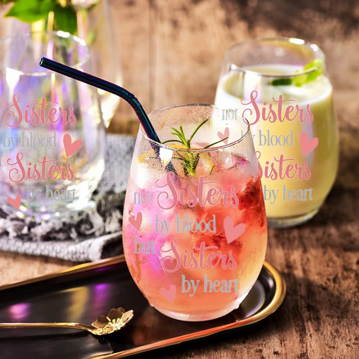 Yalucky Stemless Wine Glass 'Not Sisters by Blood but Sisters by Heart' Funny Sayings Gifts for Women Best Friend Female Bestie Wine Lover Friendship Gin Gift Birthday Decor Idea (Iridescent Sister) - Medaid International