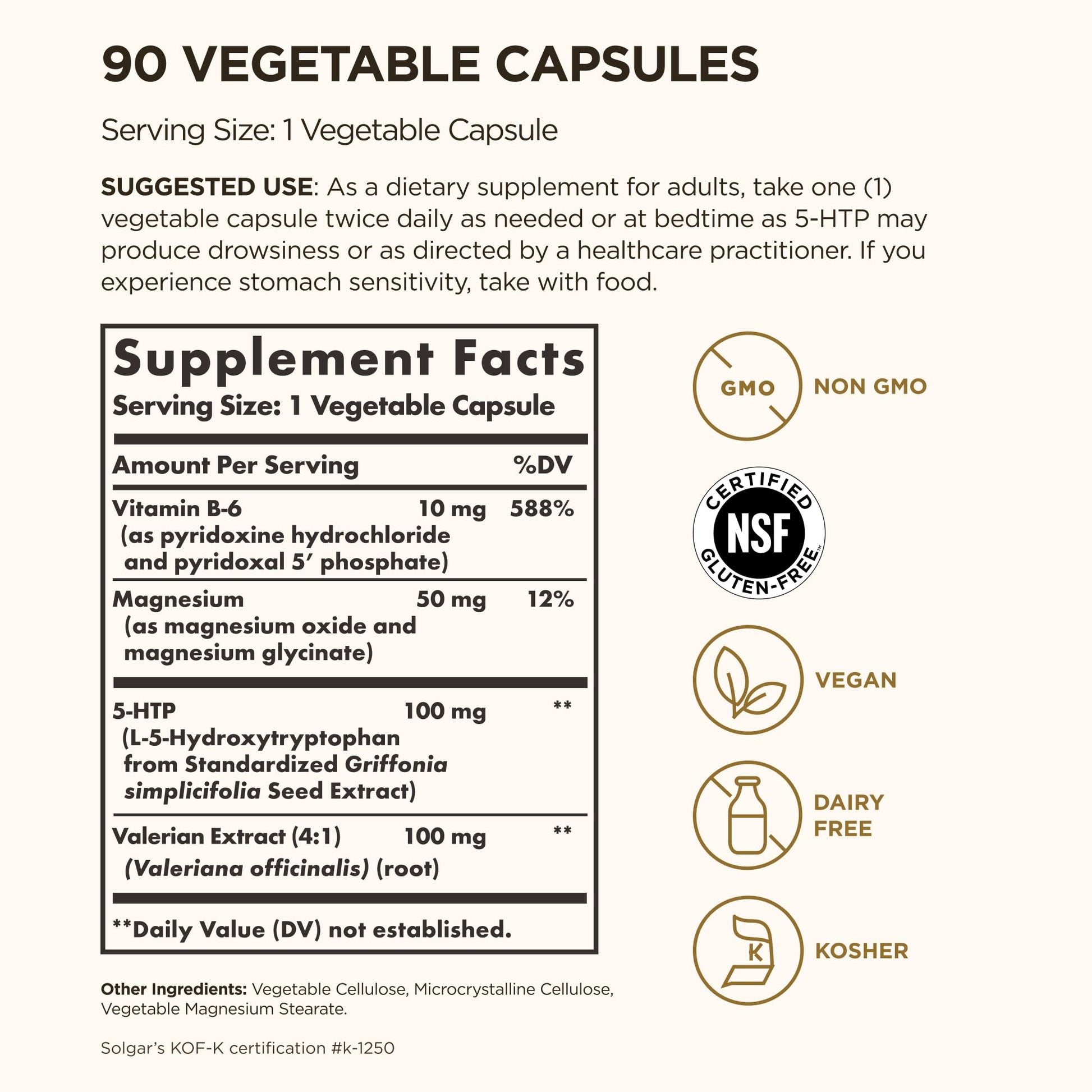 Solgar 5-HTP 100 mg, 90 Vegetable Capsules - Promotes Relaxation - Positive Mood & Stress Support - Non-GMO, Vegan, Gluten Free, Dairy Free, Kosher - 90 Servings - Medaid International