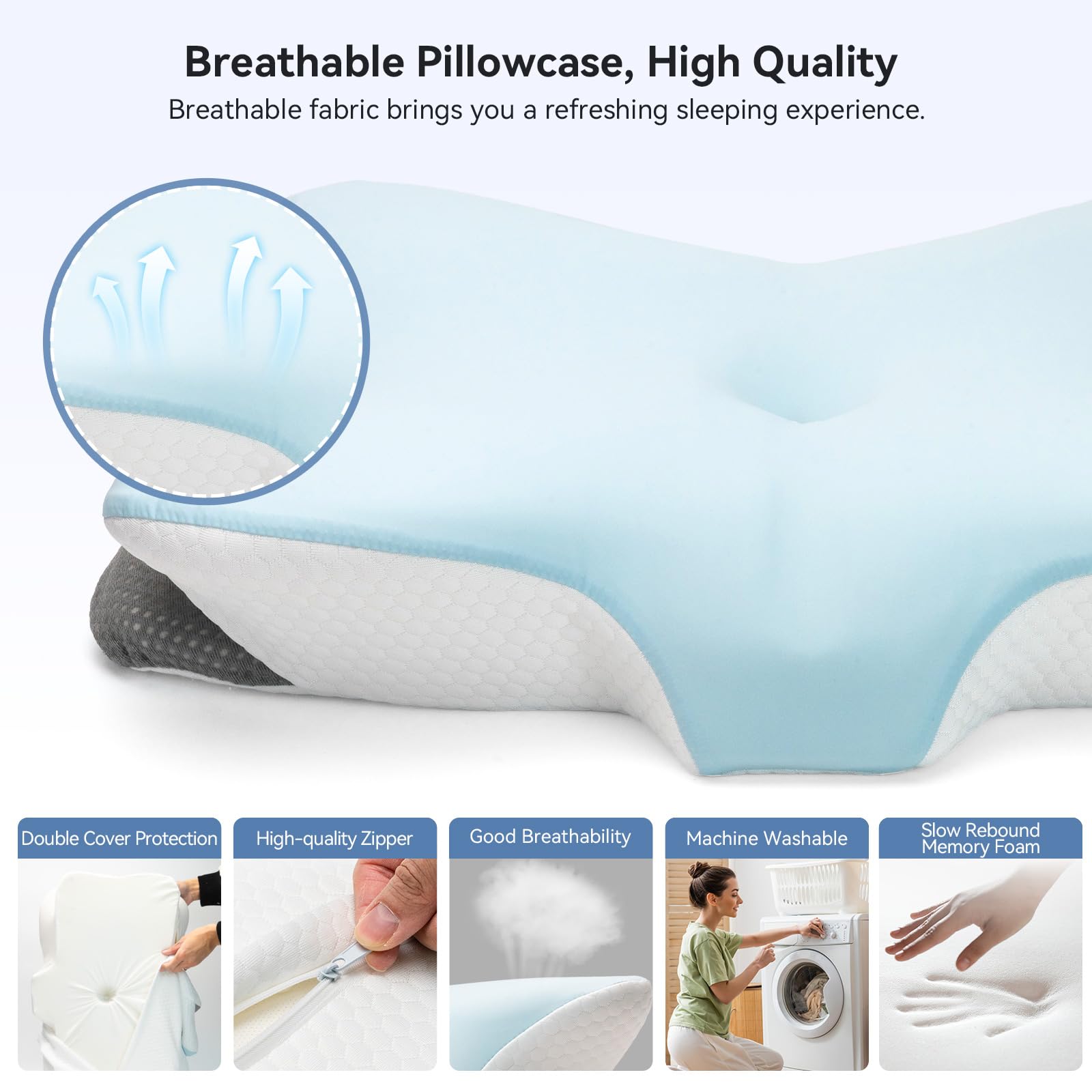 Zmarthumb Ergonomic Cervical Pillow for Neck Support, Memory Foam Orthopedic Contour Side Sleeper Pillows with Dual Heights, Soft Bed Pillow with Breathable Pillowcase for Back, Stomach Sleepers(Blue) - Medaid International