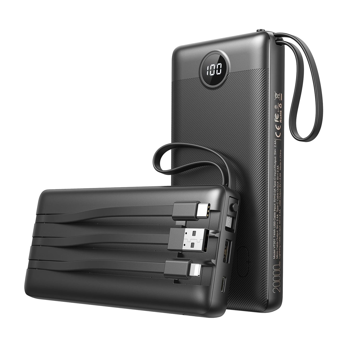 VEEKTOMX Power Bank with Built in Cables 20000mAh BK EU - Medaid International