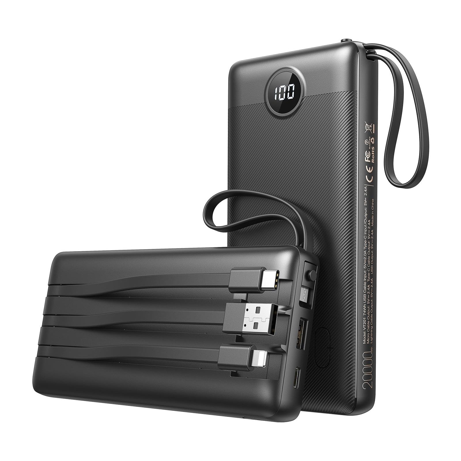 VEEKTOMX Power Bank with Built in Cables 20000mAh BK EU - Medaid International