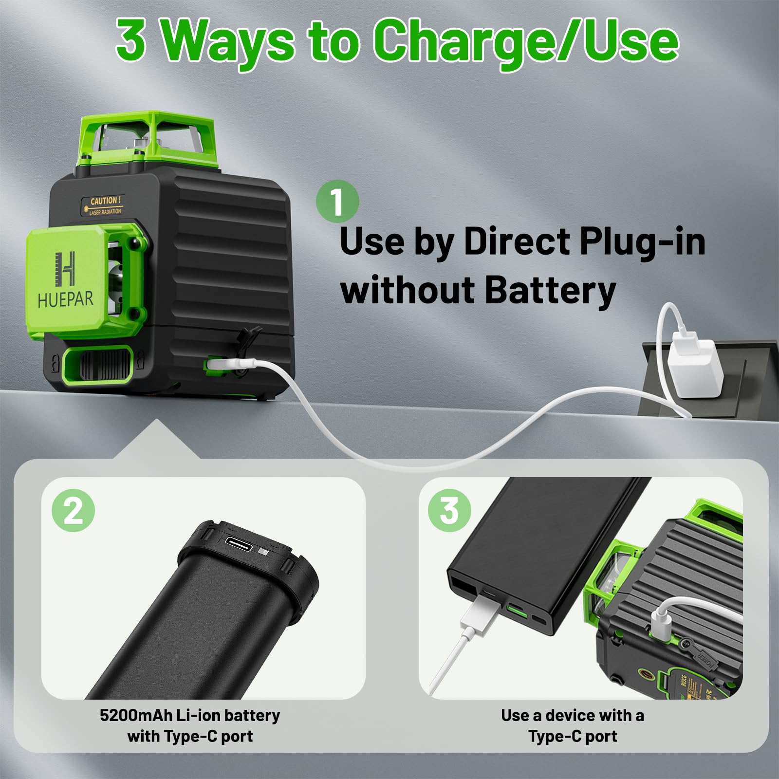 HUEPAR Laser Level 360 Self Leveling, Rechargeable 3D High Brightness Green Laser 3x360° Best Laser Leveler Tool for Construction and Picture Hanging, Strong Magnetic Bracket & Hard Suitcase -B03CG - Medaid International