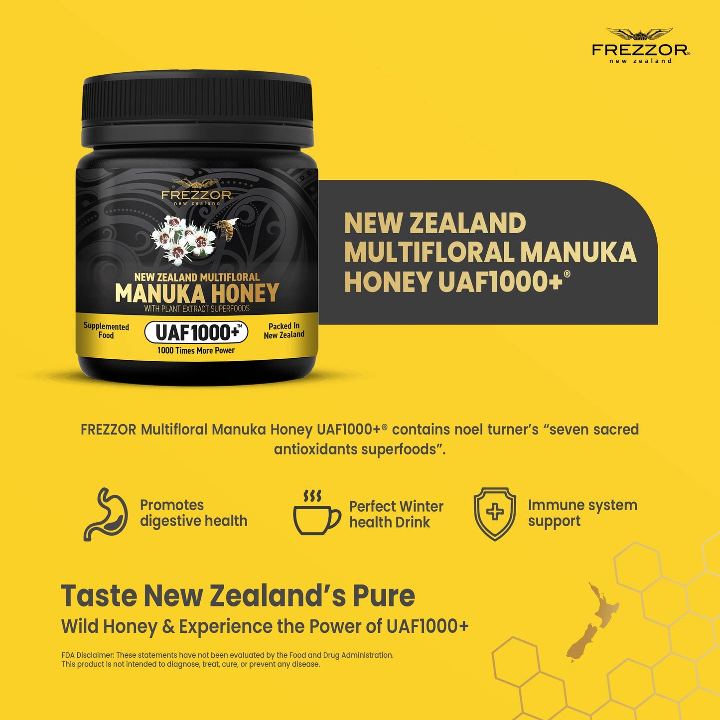 FREZZOR Premium New Zealand Raw Multifloral Manuka Honey with UAF1000+ Super Antioxidant, 230% More Bioactive, Best Support for Everyday Wellness, Antioxidant Superfood, 1 Jar (8.8oz/250g) - Medaid International