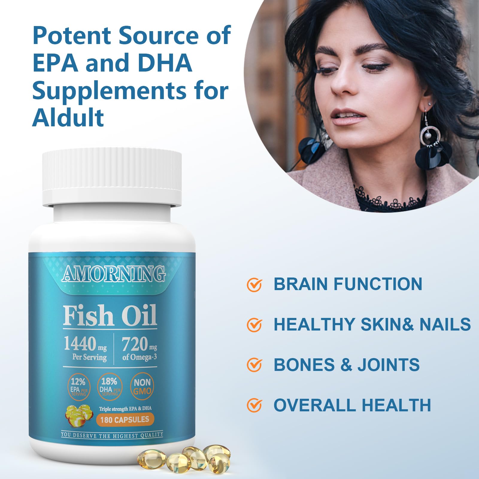 AMORNING Fish-Oil Omega3-Fatty Acids-Supplement Small-Softgels - 180Count 1440mg for Healthy Heart Brain Eyes Support High EPA DHA Easy to Swallow - Medaid International