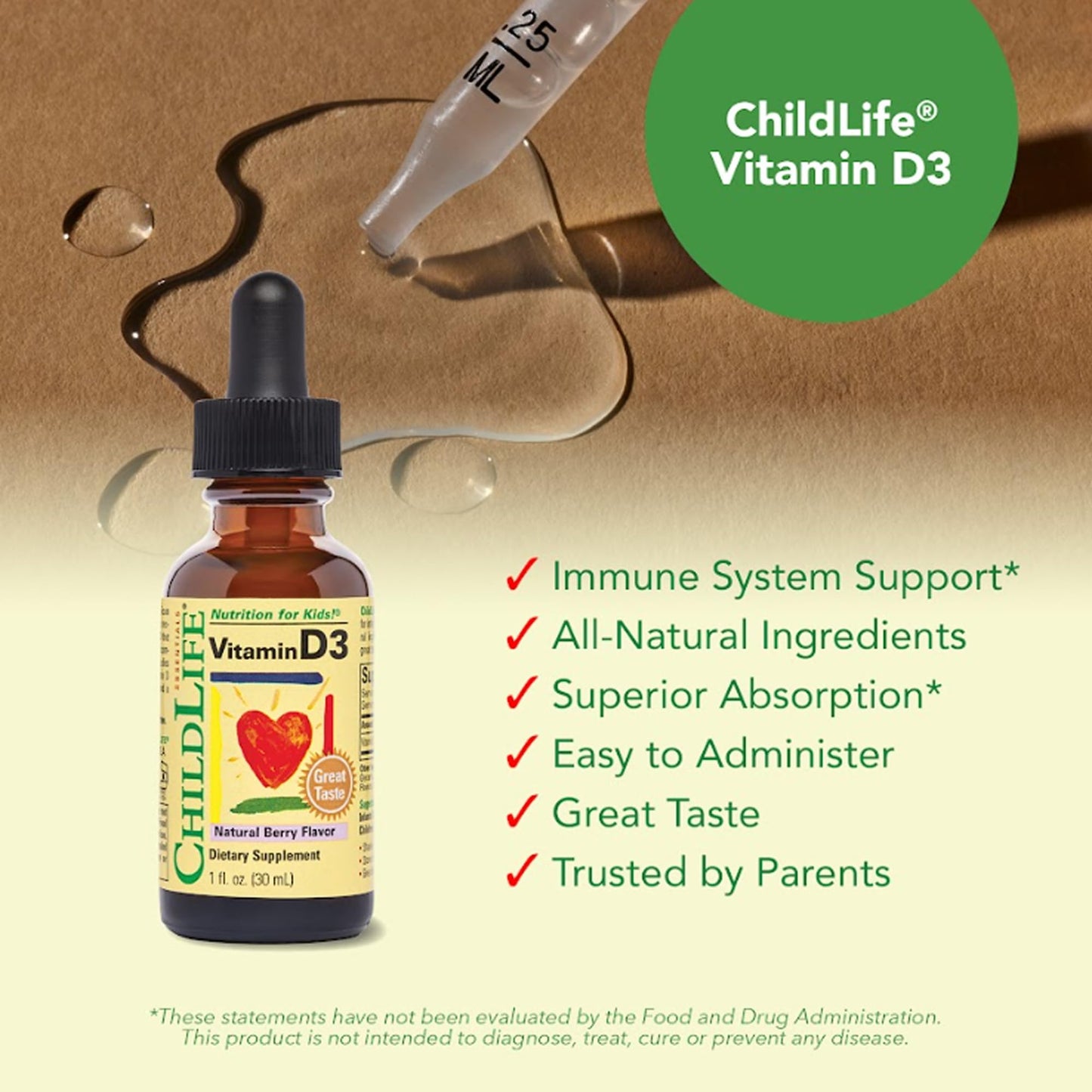 CHILDLIFE ESSENTIALS Vitamin D3 Drops for Kids, Children, & Toddlers - Liquid Vitamin D Drops, 500 IU per Drop, Immune & Bone Health Support, Natural Berry - 1 Fl Oz (Pack of 1) - Medaid International