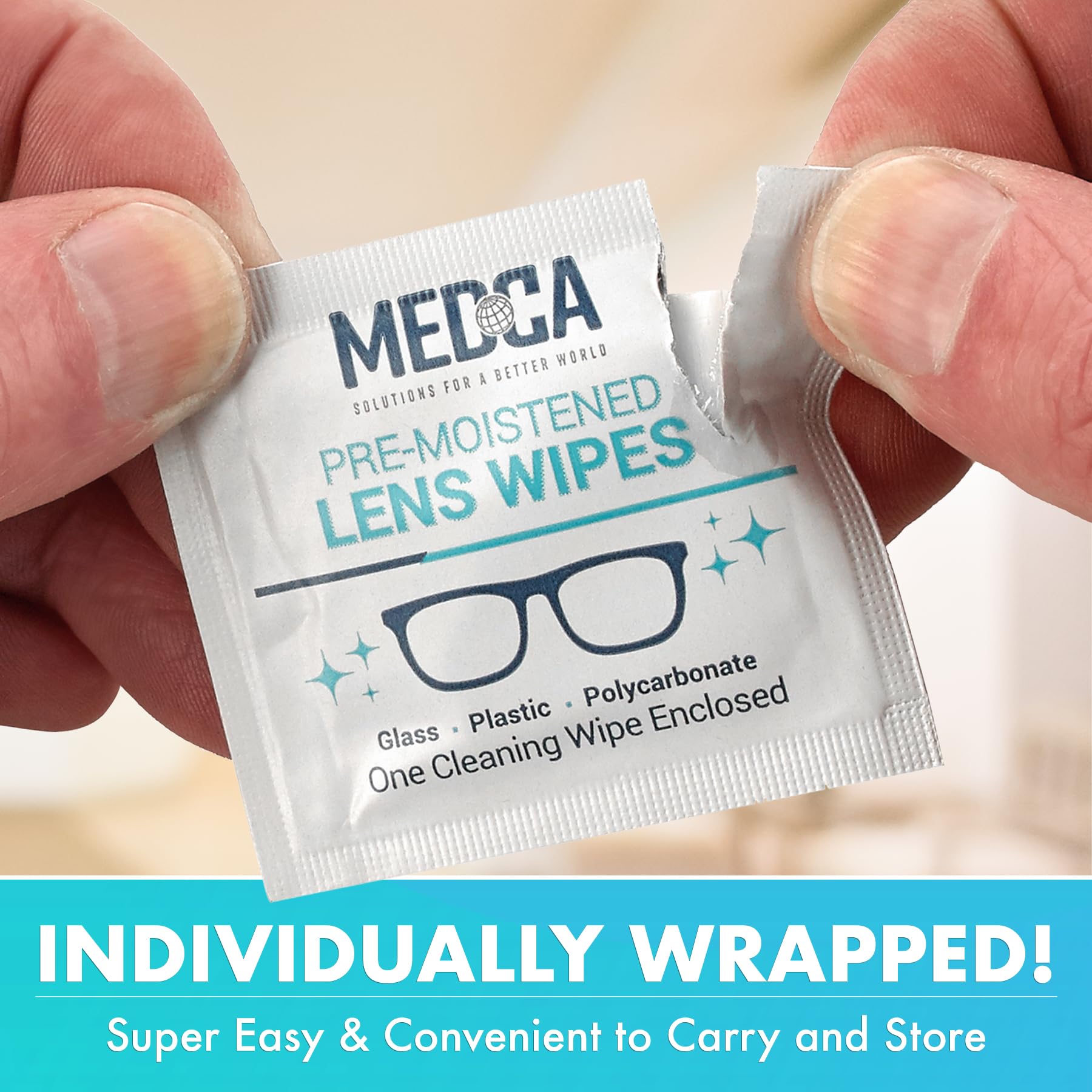 Premoistened Lens and Glass Cleaning Wipes - Portable Travel Cleaner for Glasses, Camera, Cell Phone, Smartphone, and Tablet - Disposable, Quick Drying, Streak Free - Individually Wrapped, Pack of 100 - Medaid International