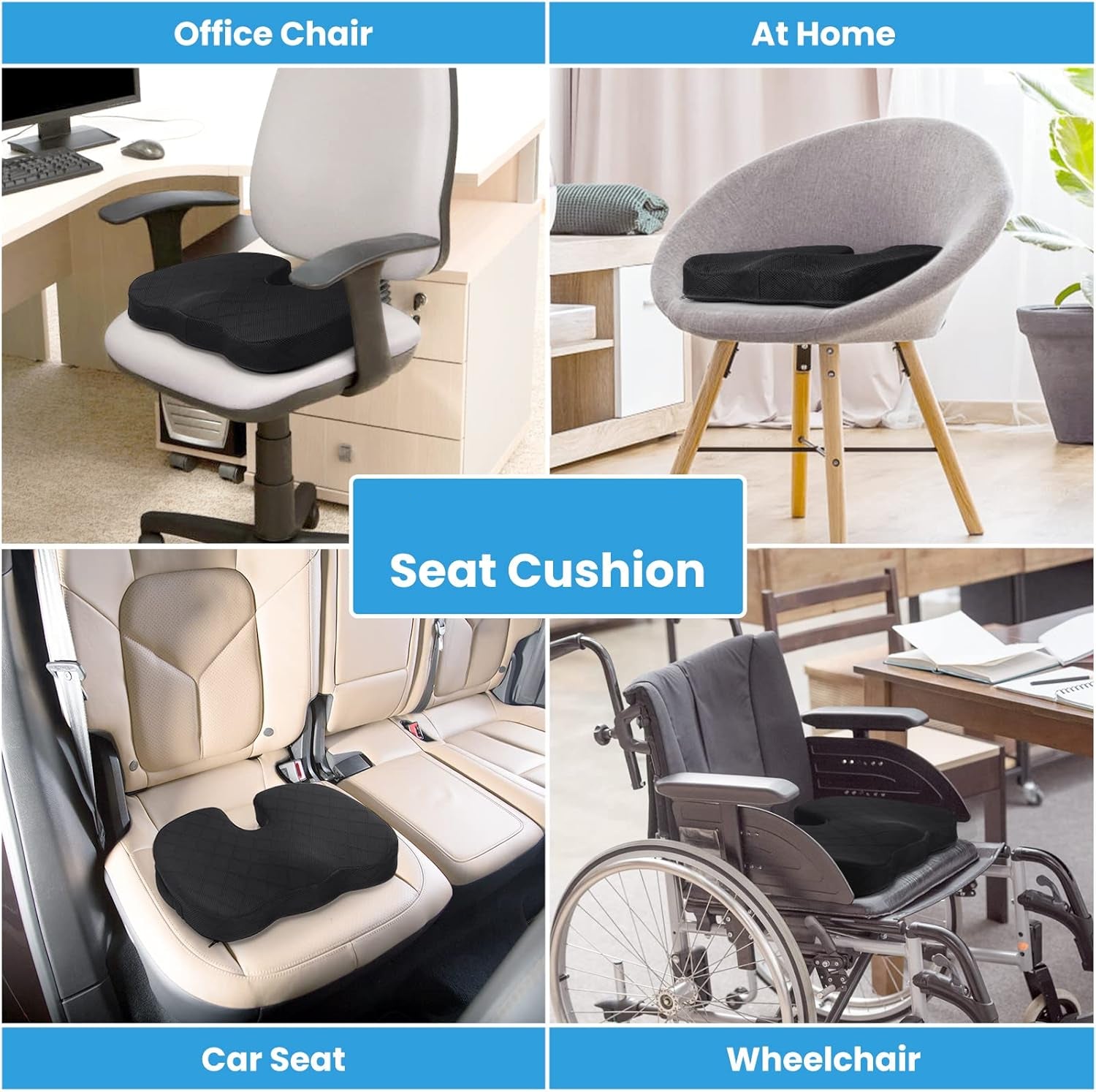 Seat Cushion for Office Chair,Memory Foam Non-Slip Desk Chair Cushion Back, Coccyx, Sciatica, Tailbone Pain Relief Butt Pillow for Office Chair, Car Wheelchair (Black) Car Seat Cushion, Non-Slip & Chair Pad, Memory Foam Butt Pillow for Computer Desk - Medaid