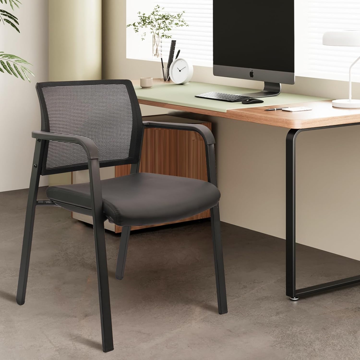 CLATINA Stackable Office Chair, Mesh Back Guest Chairs with Comfortable Leather Seat Arms Stacking Ergonomic Desk Chair No Wheels for Conference Waiting Reception School Stationary, Black, Set of 8 - Medaid International