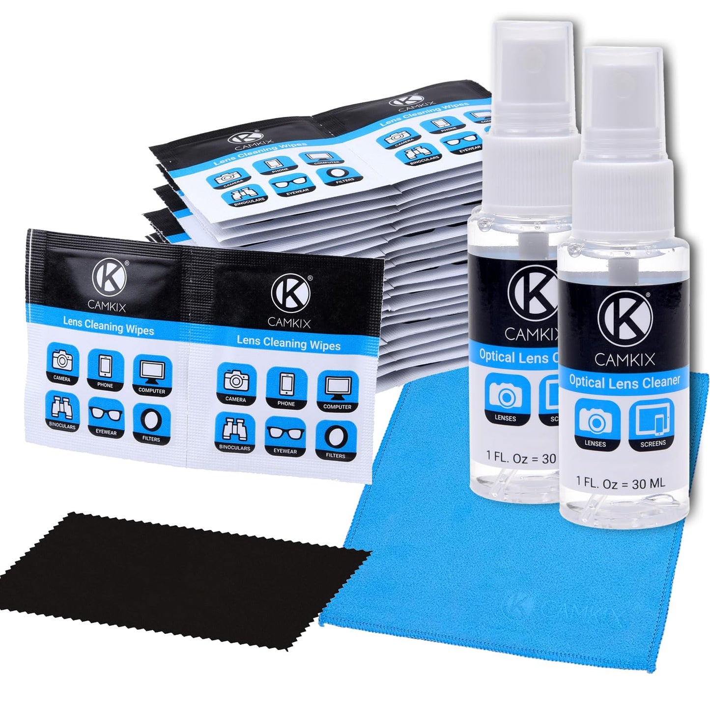 Lens and Screen Cleaning Kit - 2 Spray Bottles, 2 Microfiber Cloths (Size L + S), 50 Individually Wrapped Wet Tissues - for Eyeglasses, Sunglasses, Camera Lenses, Phone/Tablet Screens, etc. - Medaid International