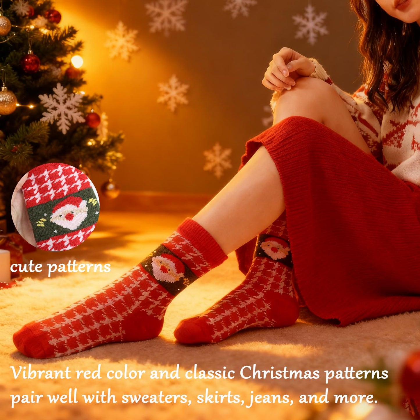 Chanseen 4 Pairs Women's Christmas Crew Socks Red Socks with Snowflakes, Santa, Reindeer, Tree Patterns for Xmas Winter Holiday - Medaid International