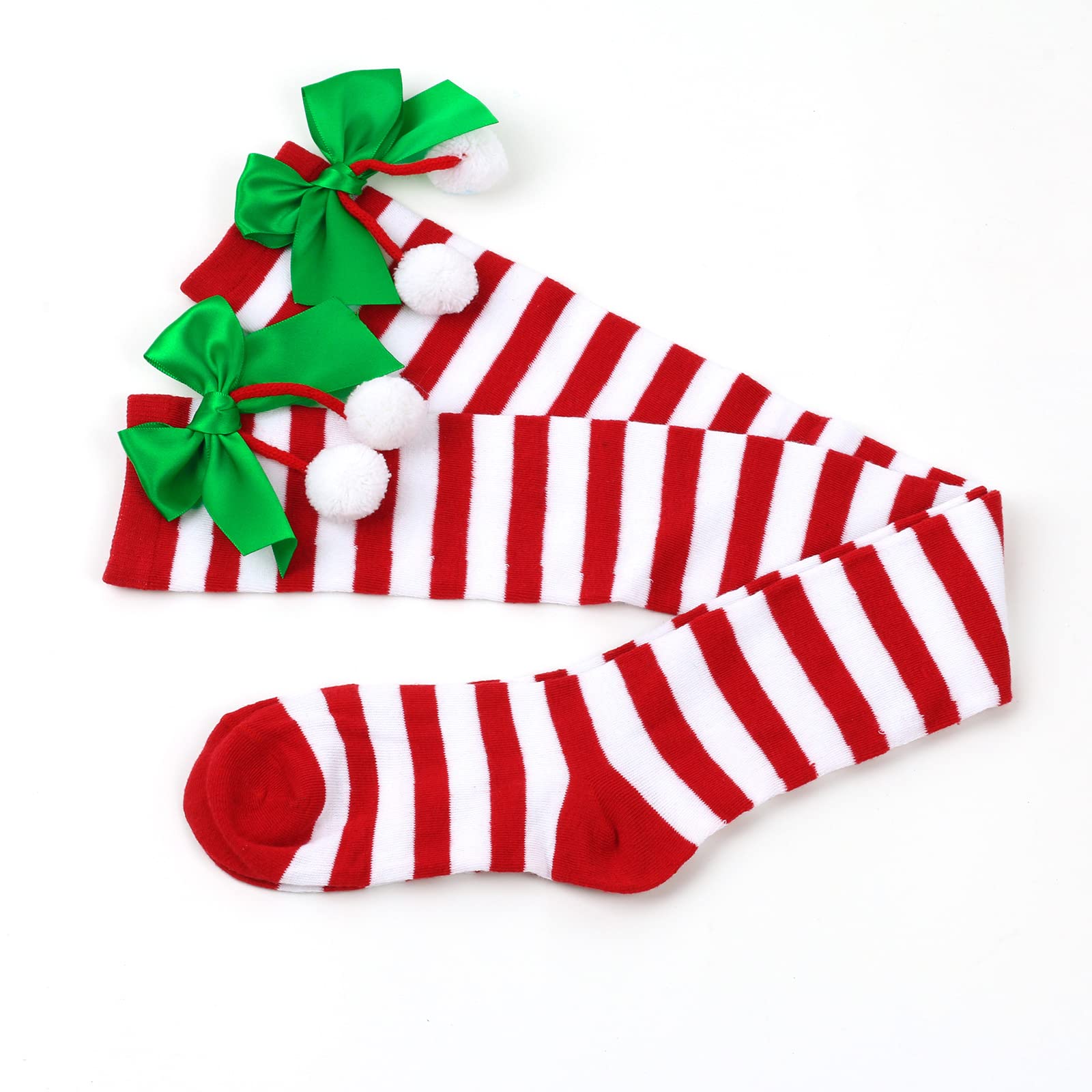 Christmas Striped Socks, Calf Socks with Bow and Ball Decorations xmas Stockings Party Knee Highs Christmas Gifts for Friends - Medaid International