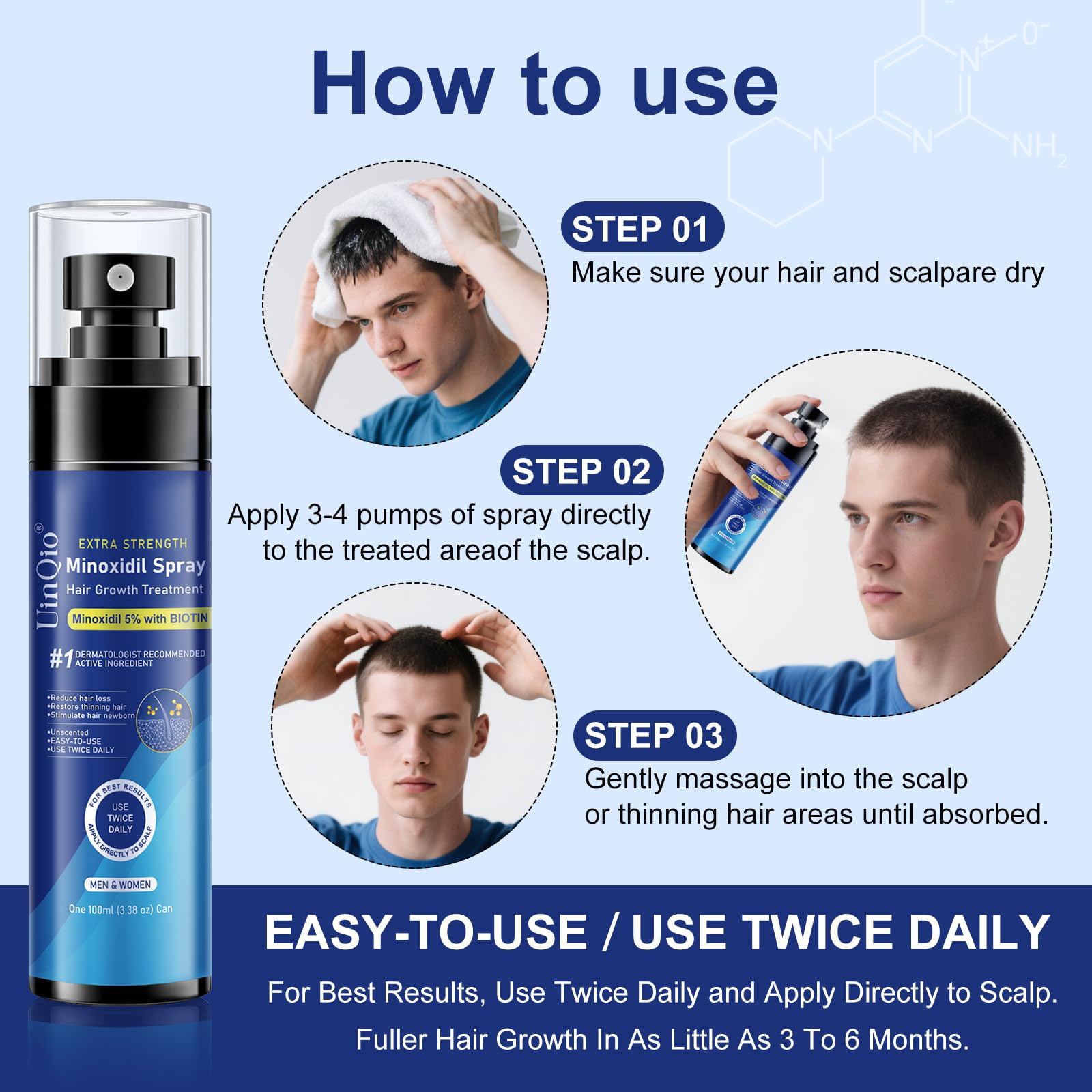 5% Minoxidil Spray for Men and Women, Infused with Biotin, for Hair Regrowth Treatment, Beard Growth, Extra Strength Treatment to Combat Hair Loss and Thinning, 5 Month Supply, 3 x 3.38 oz - Medaid International