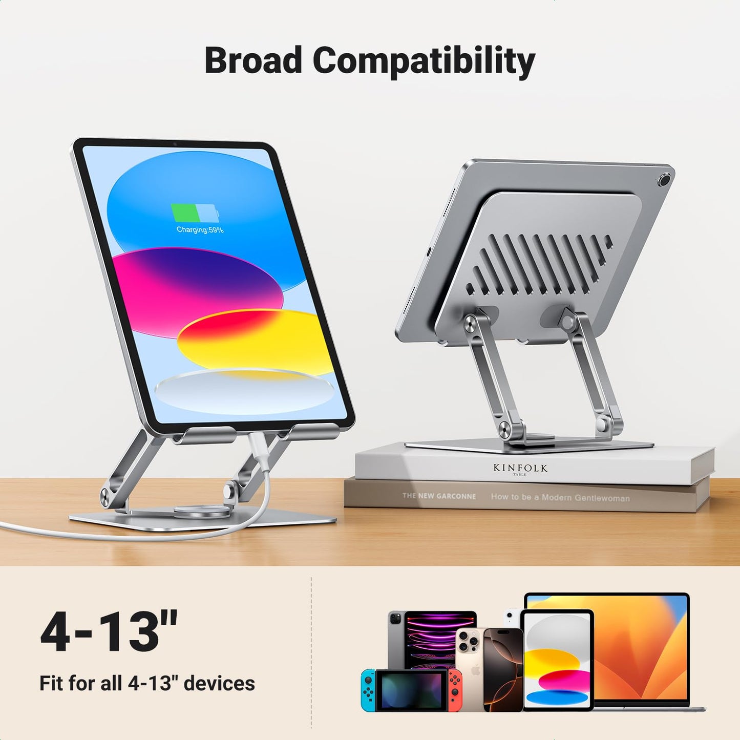 UGREEN Tablet Stand Holder for Desk with 360° Rotating Base Aluminum Dual Rod Support Adjustable Home Office Accessories Compatible with iPad Pro 13 12 11 Air Mini 5 4 3 Phone E-Reader Silver - Medaid International
