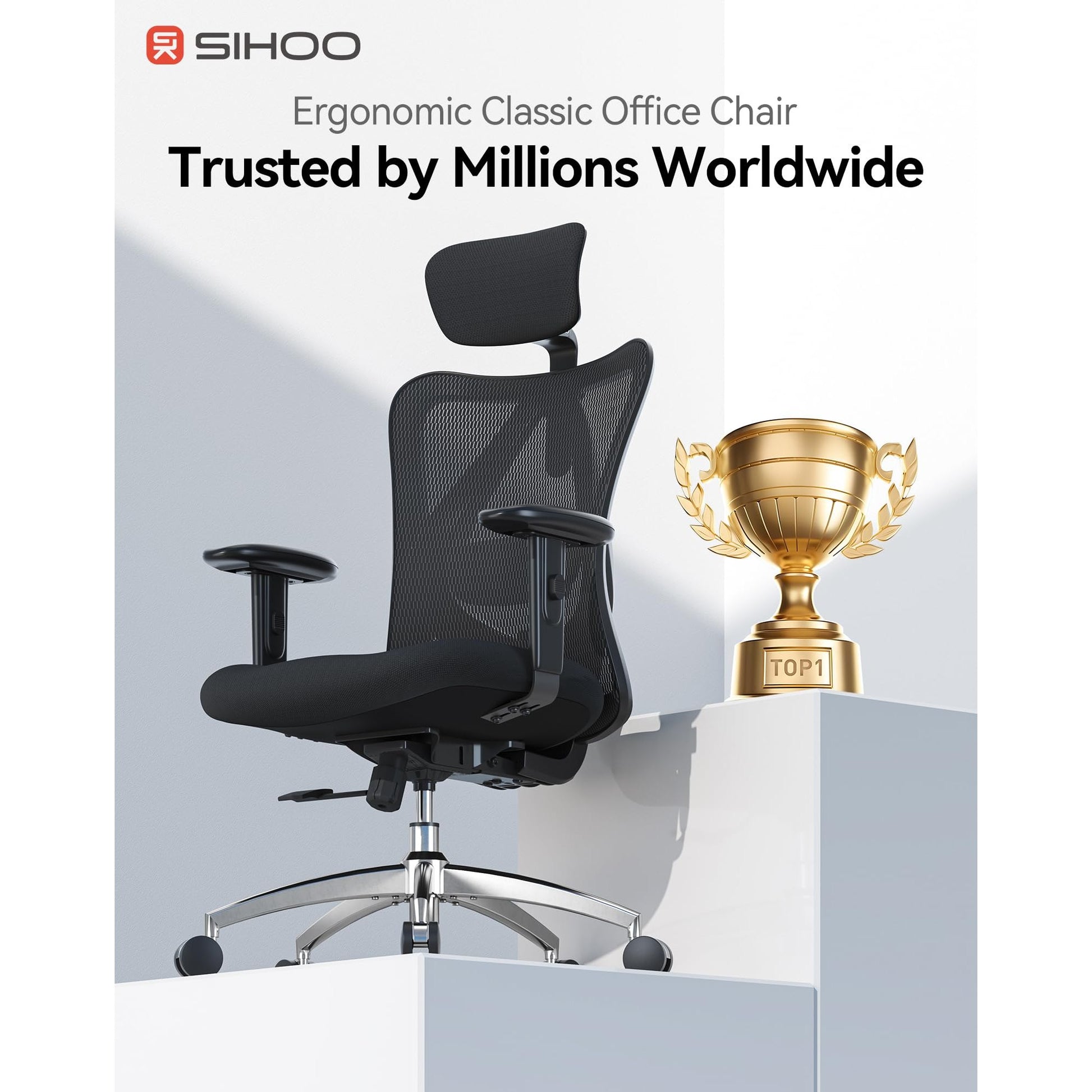 SIHOO M18 Ergonomic Office Chair for Big and Tall People Adjustable Headrest with 2D Armrest Lumbar Support and PU Wheels Swivel Tilt Function Black - Medaid International