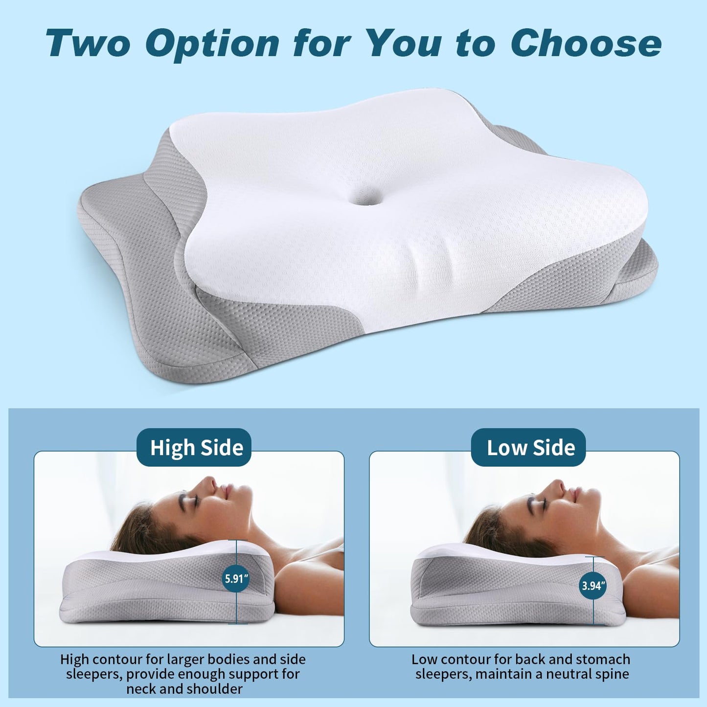 Cervical Neck Pillow for Pain Relief - Cooling Ergonomic Neck Support Pillow for Sleeping, Orthopedic Contour Memory Foam Pillows for Side, Back & Stomach Sleepers with Pillowcase - Medaid International