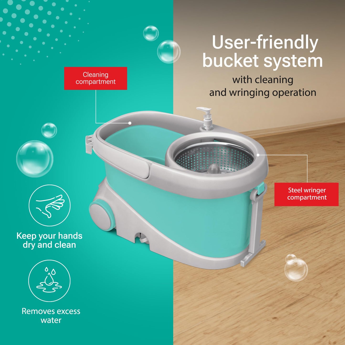 Spotzero by Milton Mop and Bucket with Wringer Set for Home, 360º Spin Mop and Bucket System with Microfiber Technology, Height Adjustable Handle, Kitchen Mop Floor Cleaning Prime Spin Mop - Medaid International