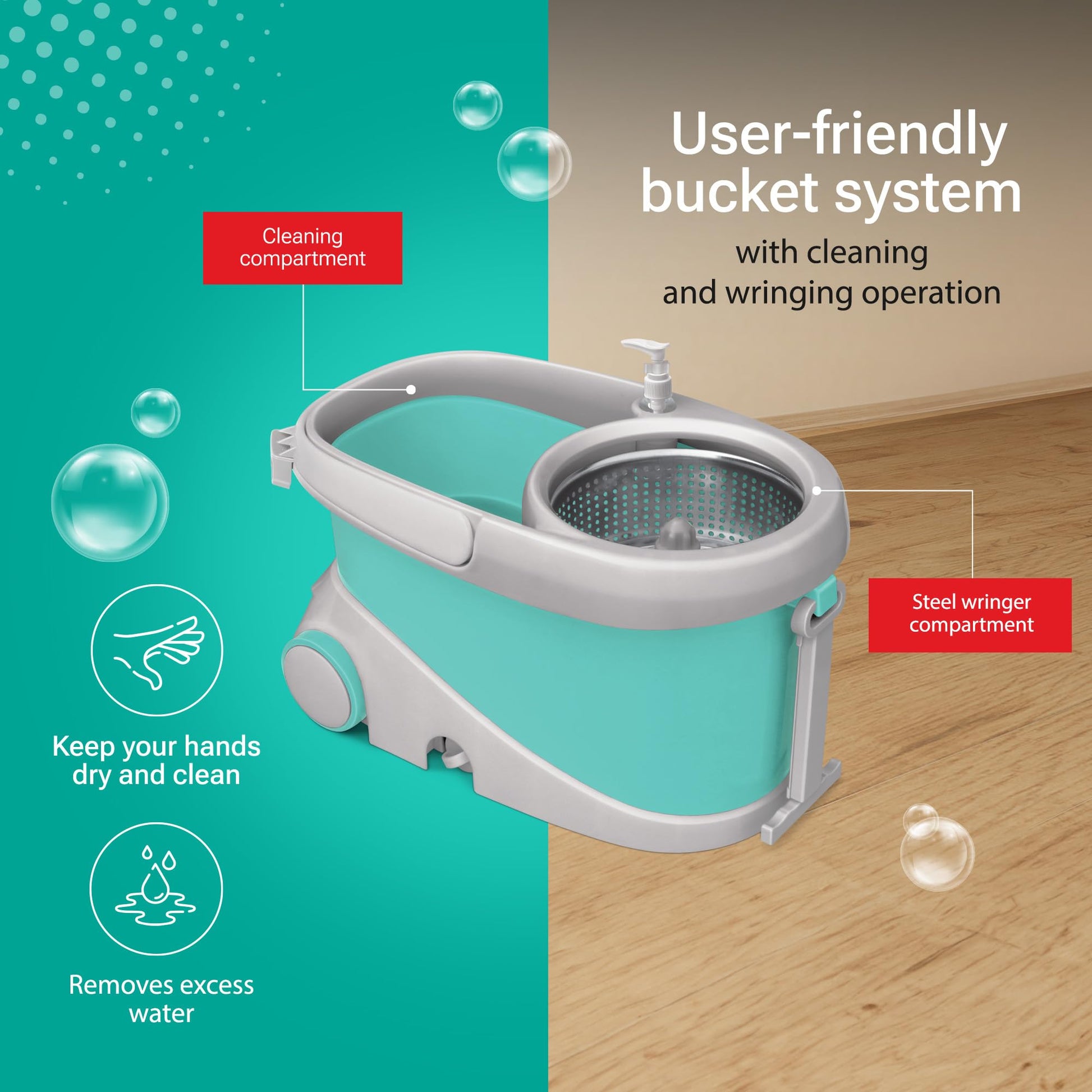 Spotzero by Milton Mop and Bucket with Wringer Set for Home, 360º Spin Mop and Bucket System with Microfiber Technology, Height Adjustable Handle, Kitchen Mop Floor Cleaning Prime Spin Mop - Medaid International