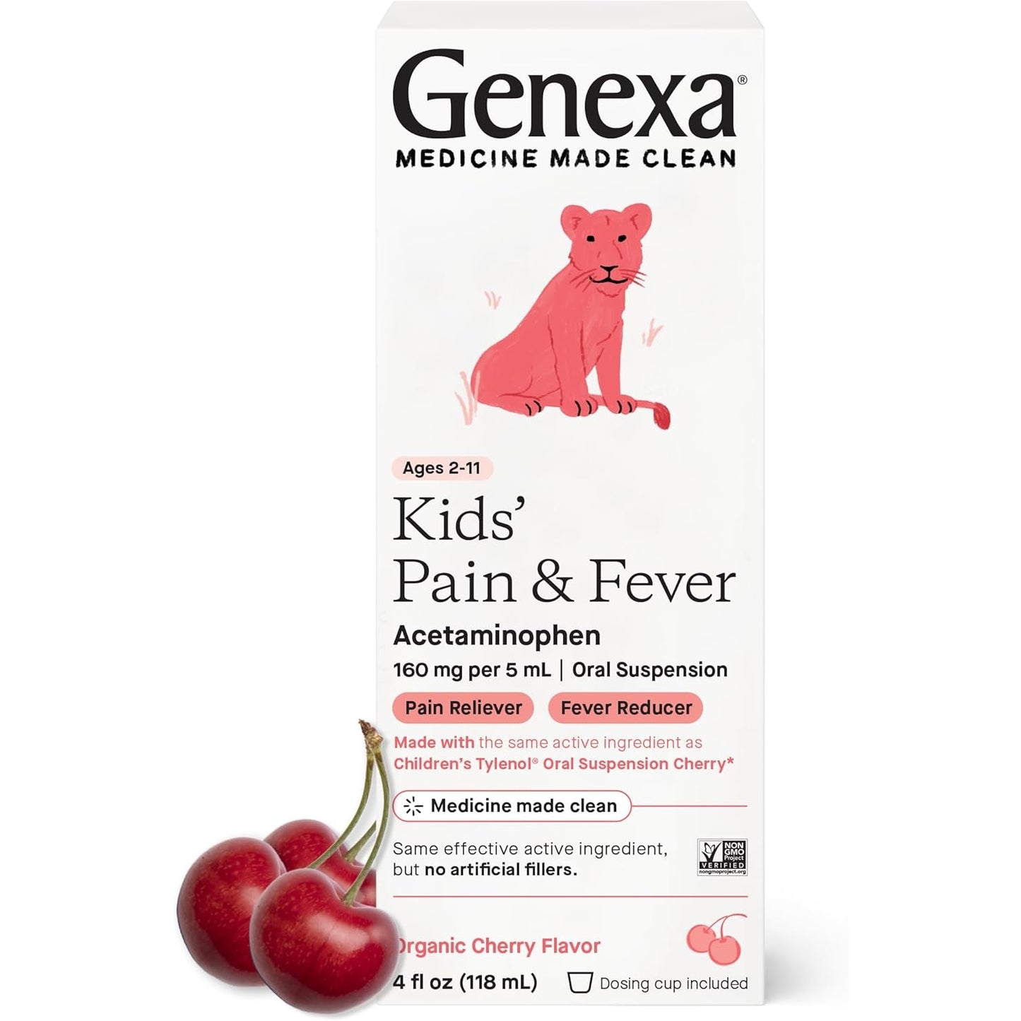 Genexa Kids’ Pain and Fever Reducer | Childrens Acetaminophen, Dye Free, Liquid Oral Suspension Medicine for Kids 2-11 | Delicious Organic Cherry Flavor | 160 mg per 5mL | 4 Fluid Ounces - Medaid International