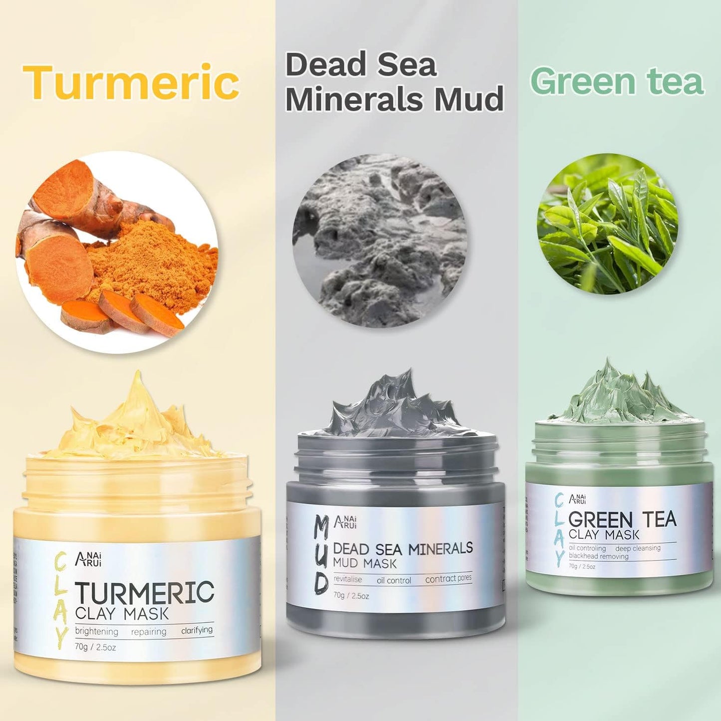ANAI RUI 3Pcs Face Mask Set, Turmeric Clay Mask - Green Tea Face Mask - Dead Sea Minerals Mud Mask, Holiday Gift Set, Stocking Stuffers for Women &Teen Girls, Self Care Gifts for Women 2.5 oz each - Medaid International