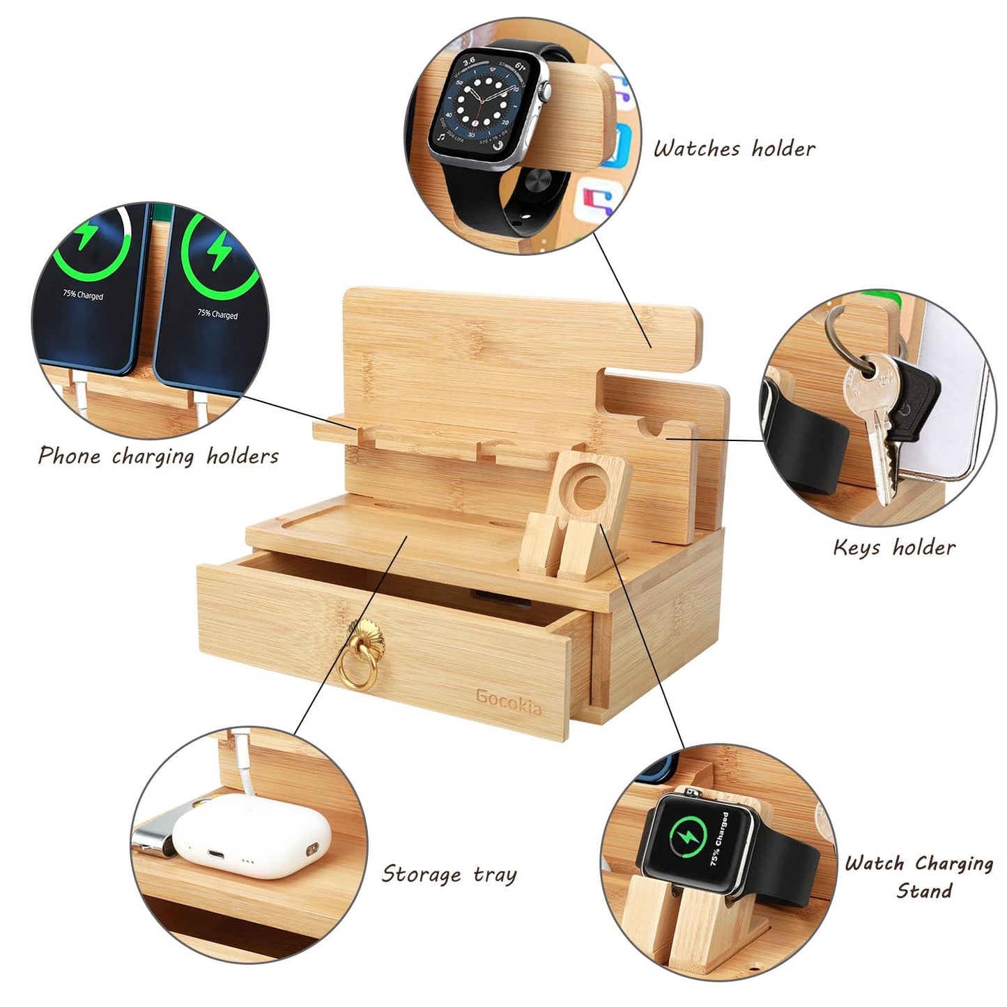 Gocokia Multifunctional Bamboo Stands, Dual Cell Phone Holder, Tablet Storage Stand, Watch Storage Hanger, Bamboo Cell Phone Holder with Drawer - Medaid International