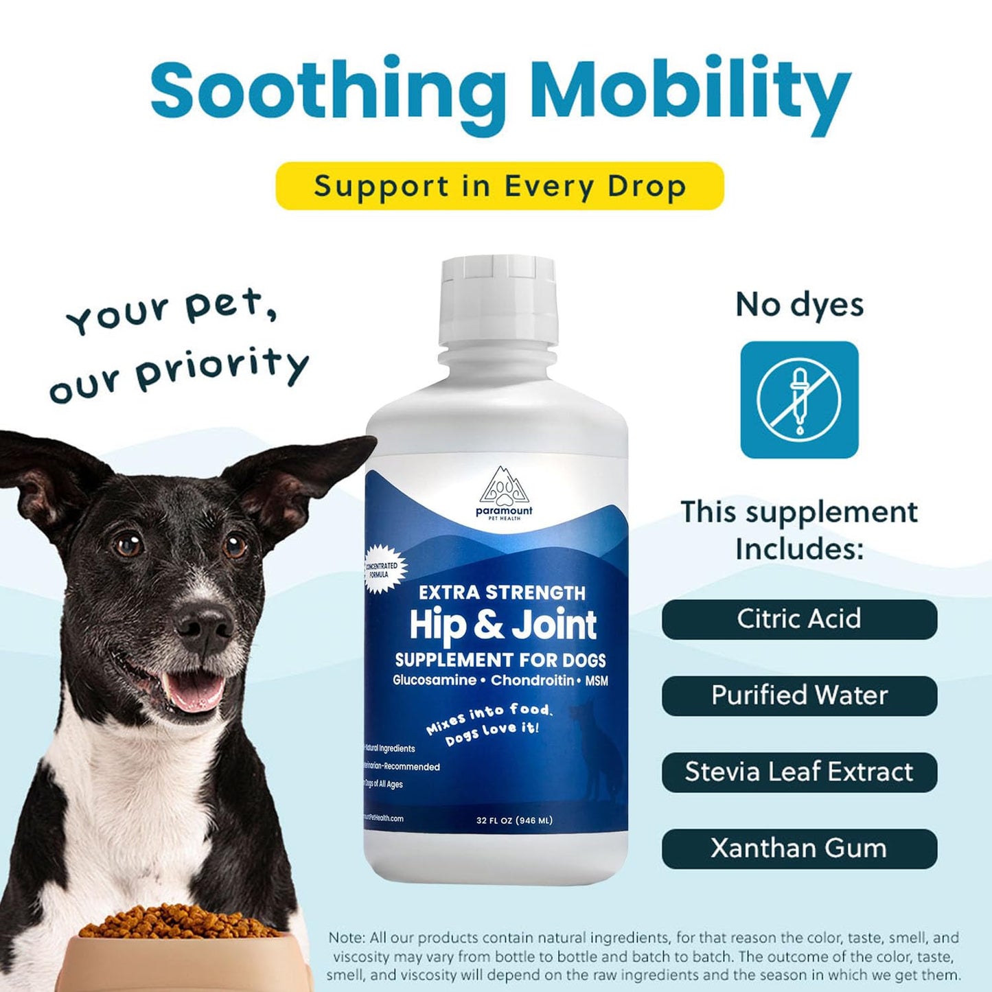 Paramount Pet Health Liquid Glucosamine for Dogs, Hip & Joint Supplement with Chondroitin & MSM, 32 oz Mobility Support for Large Dogs, Human-Grade Joint Care Made in GMP & FDA Registered Facility