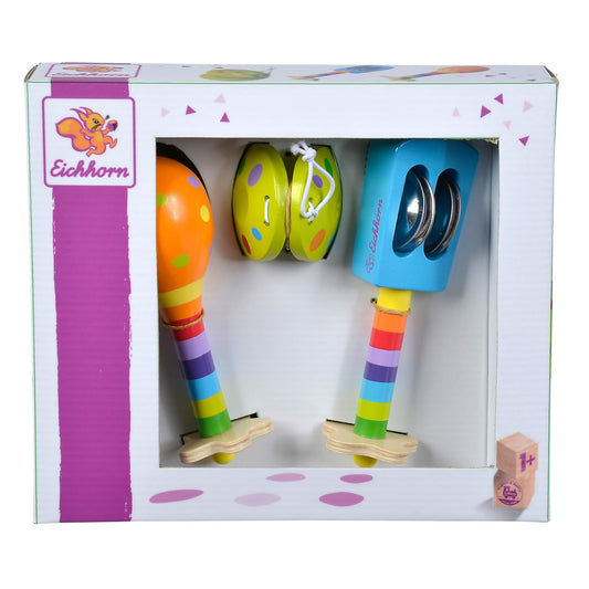 Eichhorn 100003484 Musik Set mit Includes Rattle, Maracas and Castanets, Colourful Musical Instruments Made of Wood, 3 Parts, from one Year - Medaid International