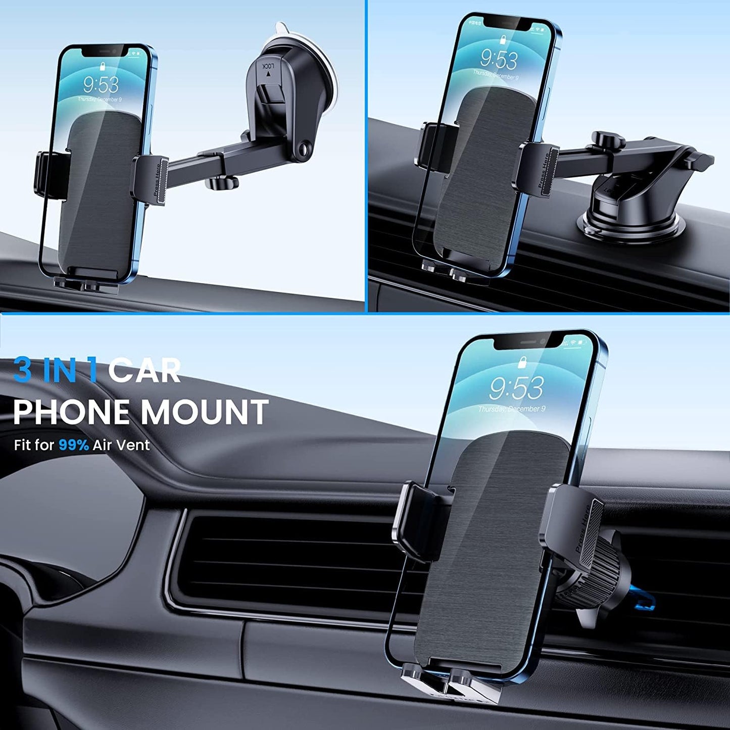 TICILFO Phone Mount for Car Phone Holder [Military-Grade Suction & Stable Clip] Car Phone Holder Mount Windshield Dashboard Air Vent Universal Automobile Mount Fit for All iPhone Android Smartphones - Medaid International