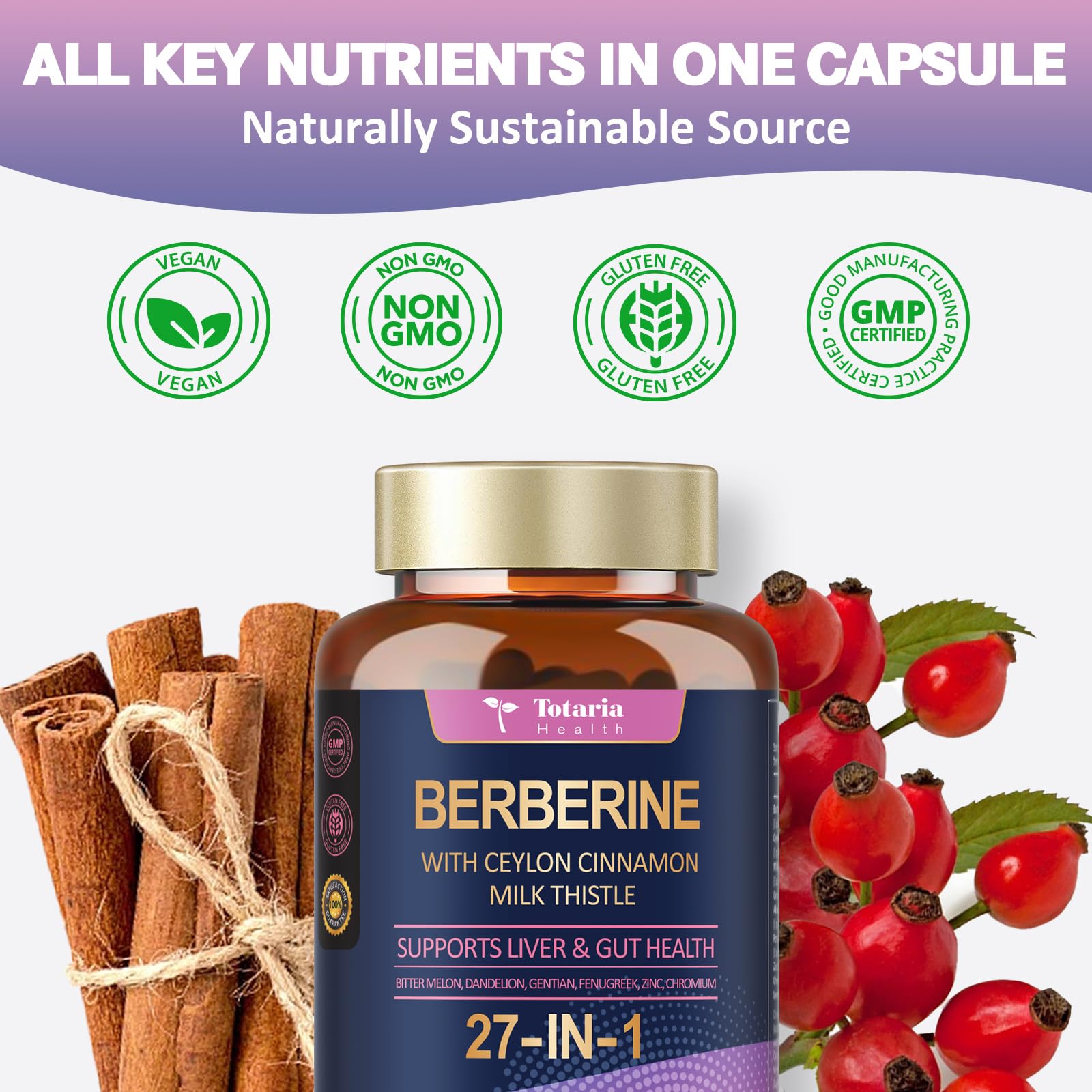 Berberine Supplement with Ceylon Cinnamon, Milk Thistle - GLP-1 Supplement GLP Activate Natural Formula, Berberine Plus for Liver & Gut Health, Immunity, Better Figure, Men & Women - 120 Vegan Caps - Medaid International