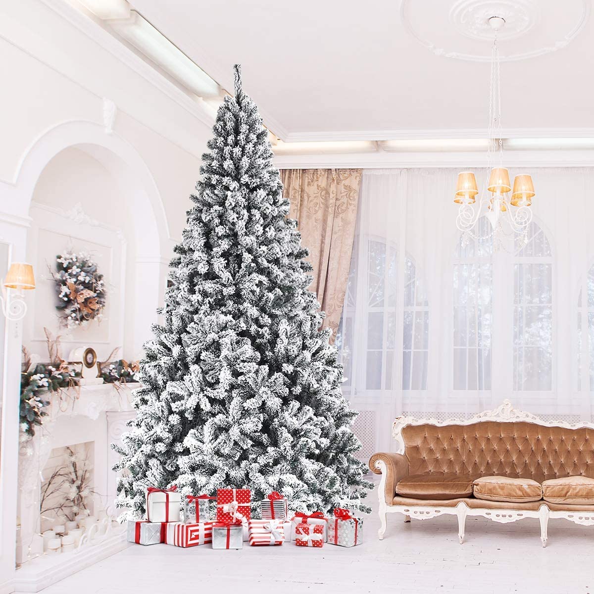 SPSUPE Artificial Christmas Tree, Premium PVC Xmas Full, Flocked Snow Pine Tree with Solid Metal Stand, Ideal for Indoor and Outdoor (9FT), White - Medaid International