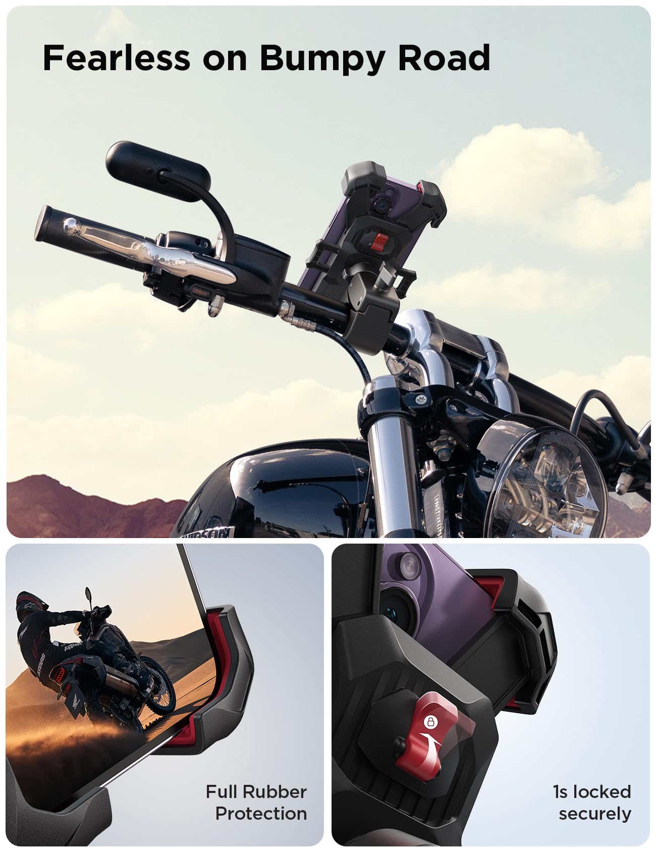 JOYROOM Motorcycle Phone Mount, [1s Auto Lock][100mph Military Anti-Shake] Bike Phone Holder for Bicycle, [10s Quick Install] Handlebar Phone Mount, Compatible with iPhone, Samsung, All Cell Phone - Medaid International