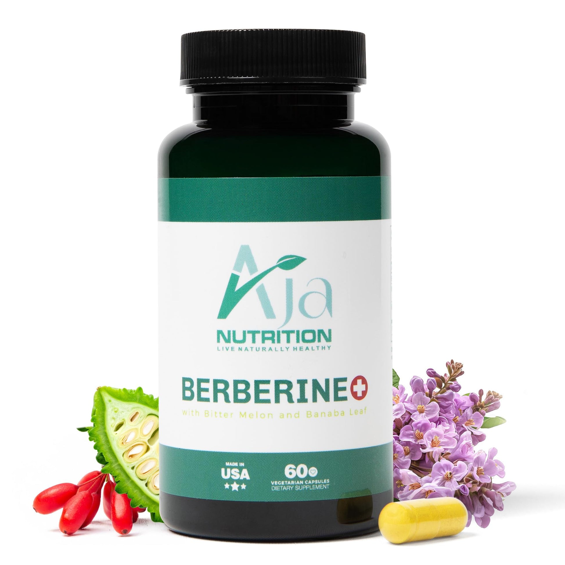Aja Nutrition Berberine Plus – Triple Action Metabolic Support Supplement with Berberine HCl 500mg, Bitter Melon & Banaba Leaf – 1250mg Herbal Actives – Energy & Digestive Support – 60 Vegan Capsules - Medaid International