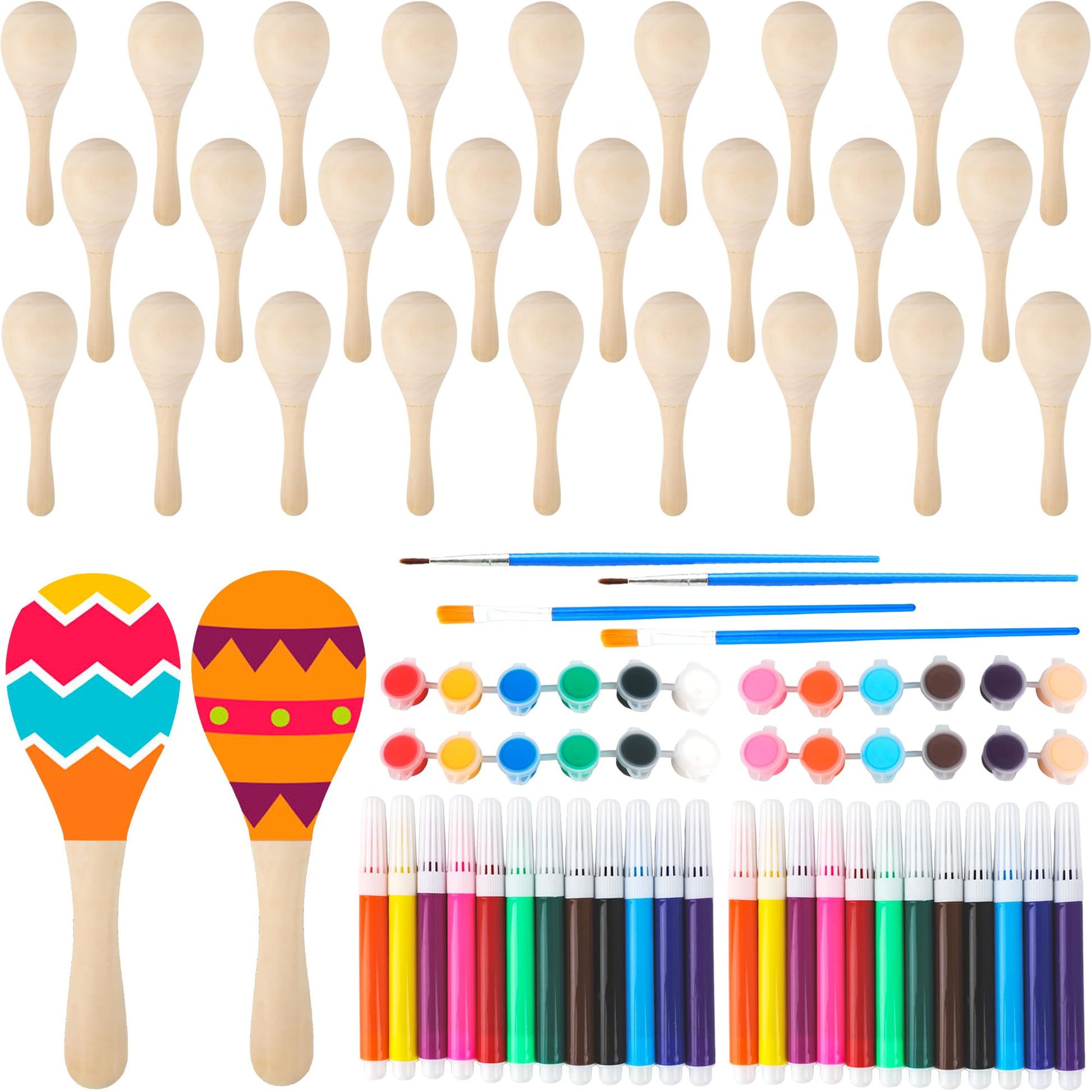28 عبوة من 28 قطعة من ماراكاس الخشبية الصغيرة مع 32 قطعة من ادوات الطلاء المطلية ماراكاس غير مكتملة لمستلزمات الحفلات المكسيكية فيستا سينكو دي مايو - Medaid International