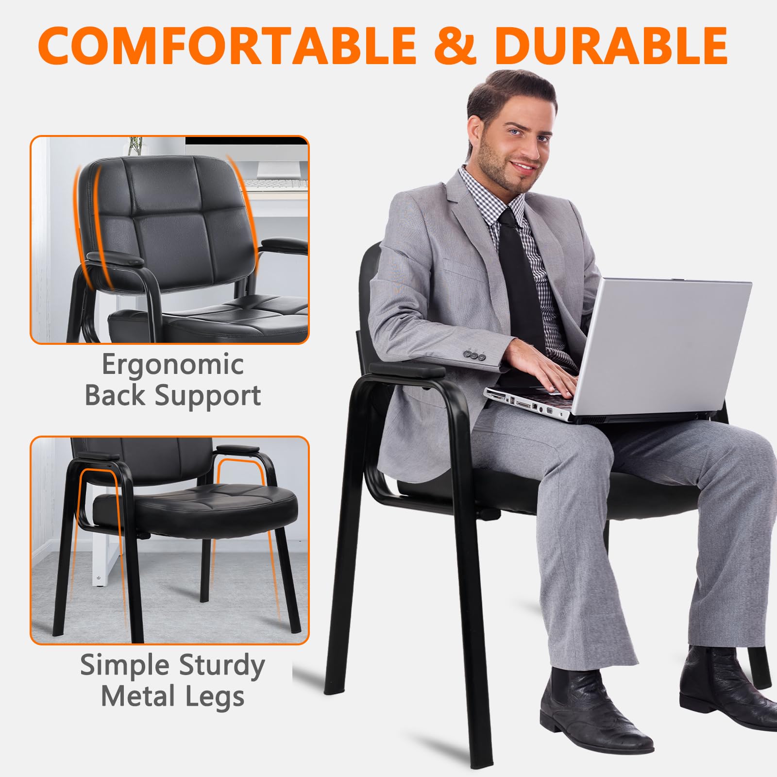 CLATINA Big & Tall 500 lbs Waiting Room Guest Chair, Leather Office Reception Chair No Wheels with Padded Arms for Elderly Home Desk Conference Room Lobby Side Salon Clinic, Black(8 Pack) - Medaid International